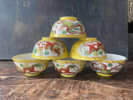 Set of Six (6) Yellow Dragon Chinoiserie Noodle Bowls