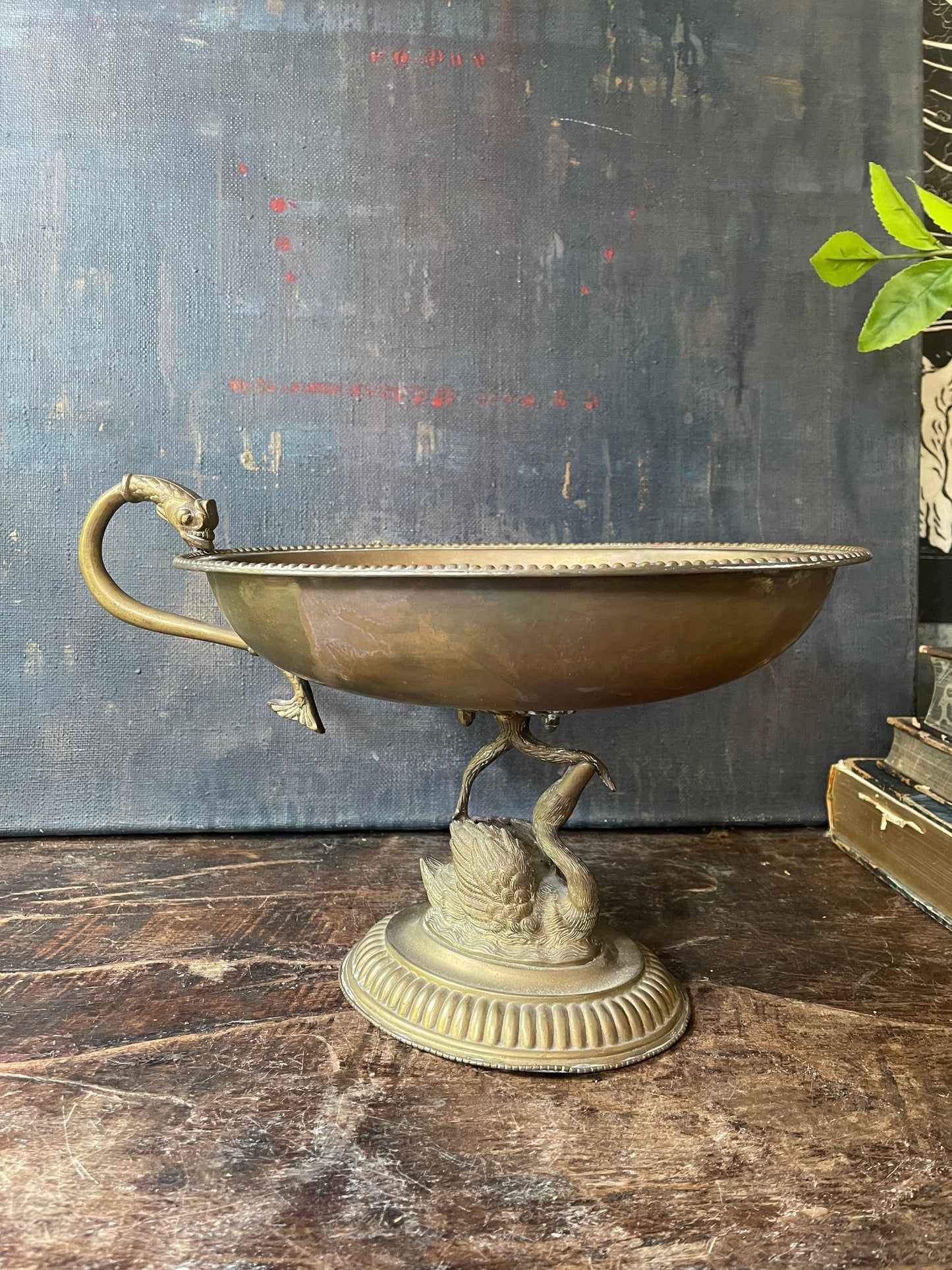 Mid Century Swan and Koi Brass Compote