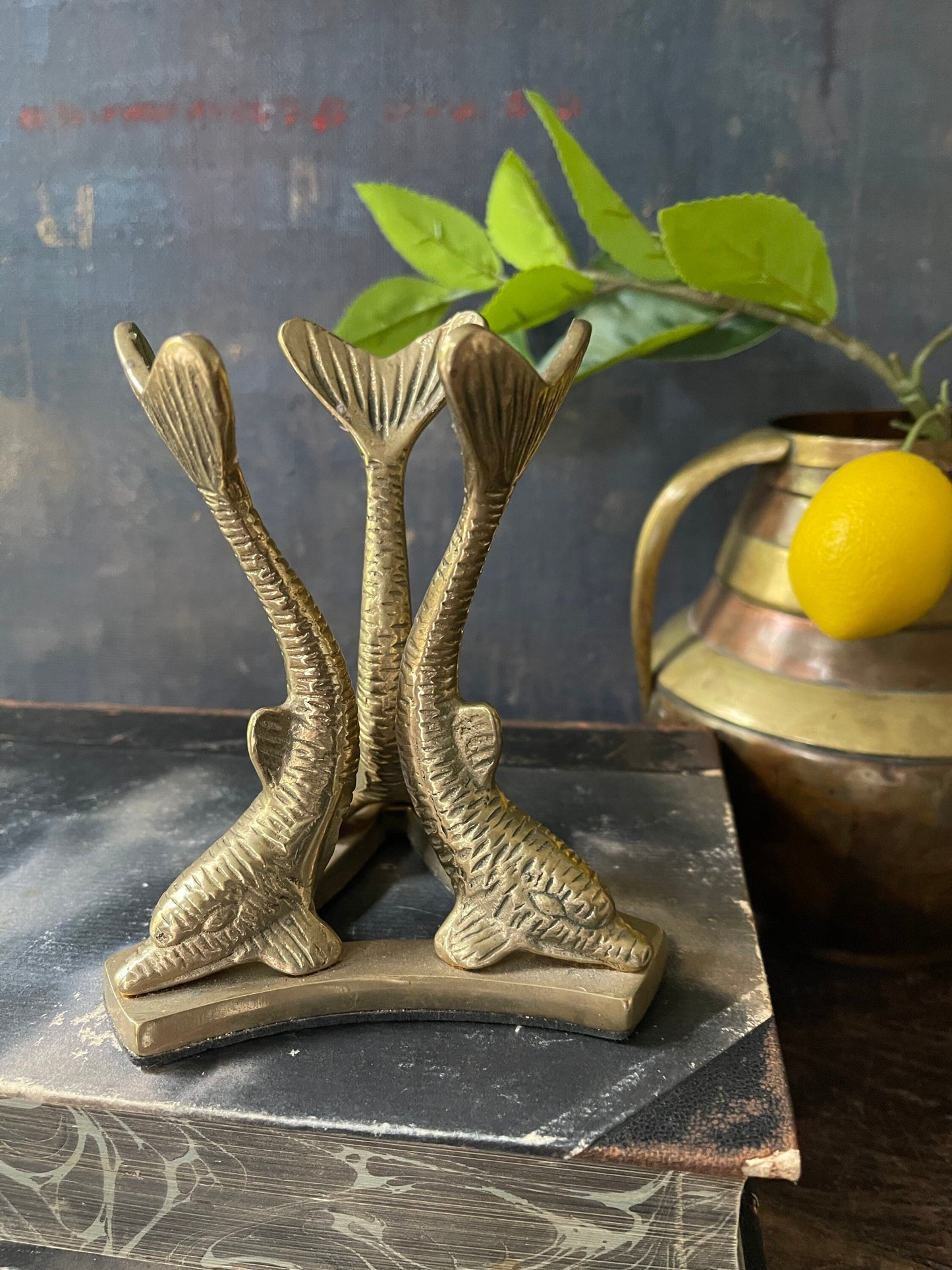 Vintage Chinoiserie Brass Dolphin Plant Stand