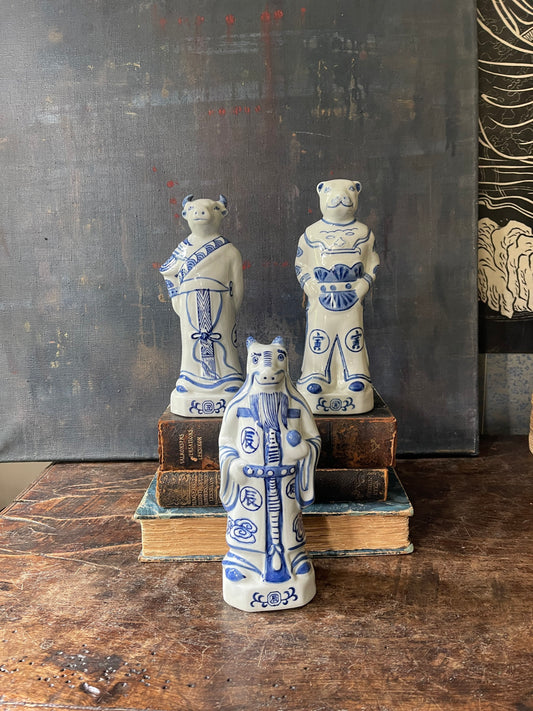 Set of Three Asian Blue and White Zodiac 10" Statues Chinoiserie Mantel Goat Ram Cat Coastal Horoscope