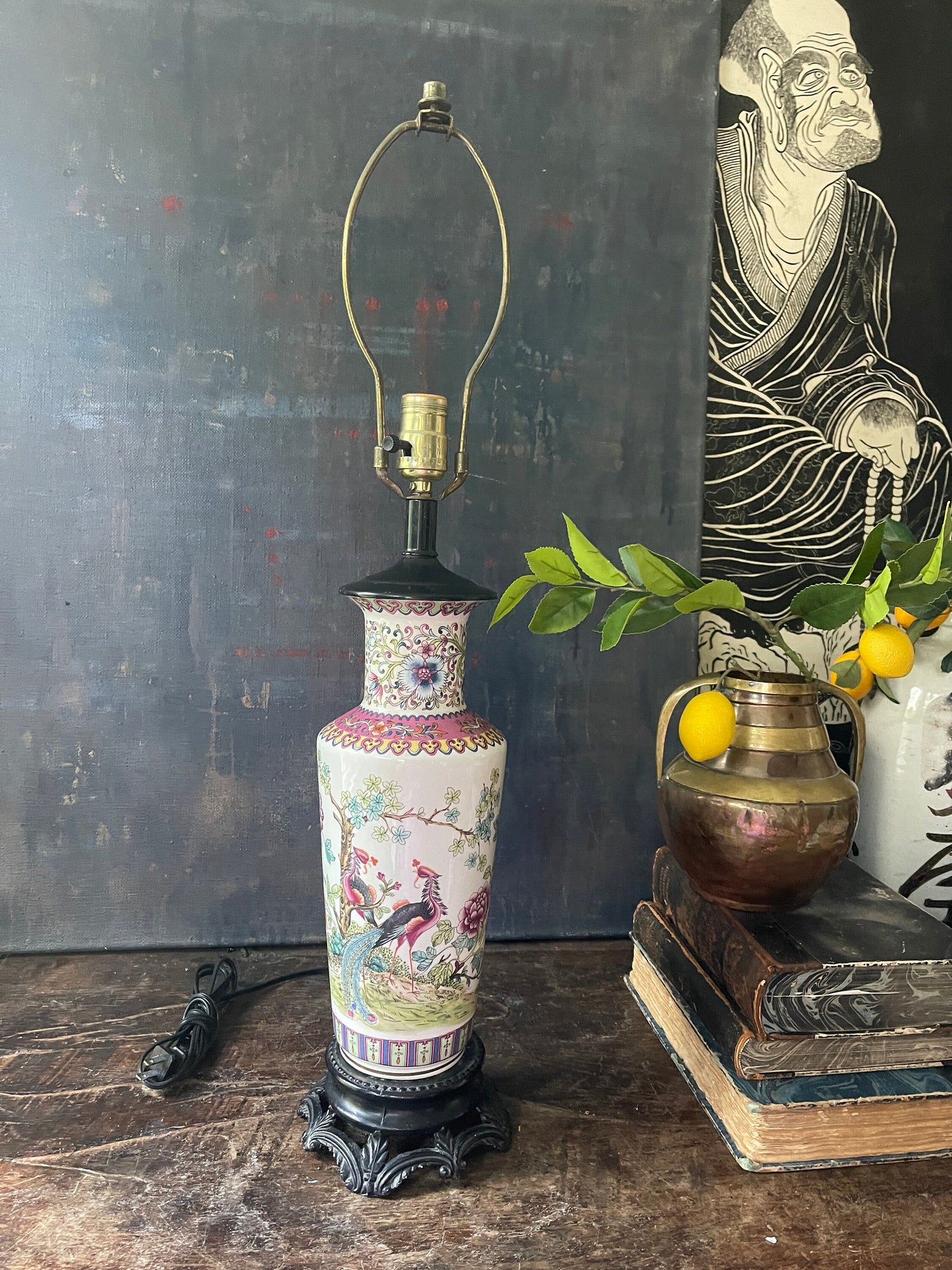 Vintage Peacock Chinoiserie Table Lamp