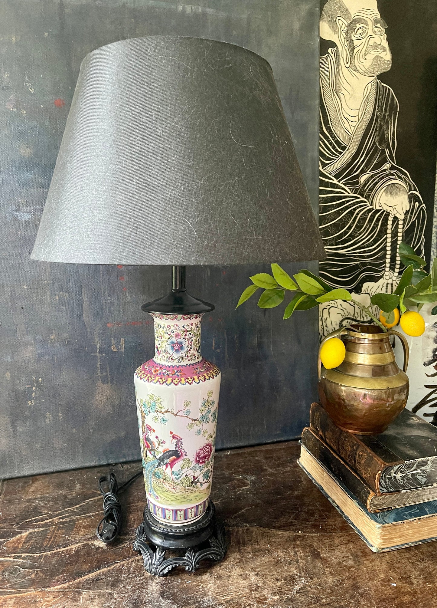 Vintage Peacock Chinoiserie Table Lamp