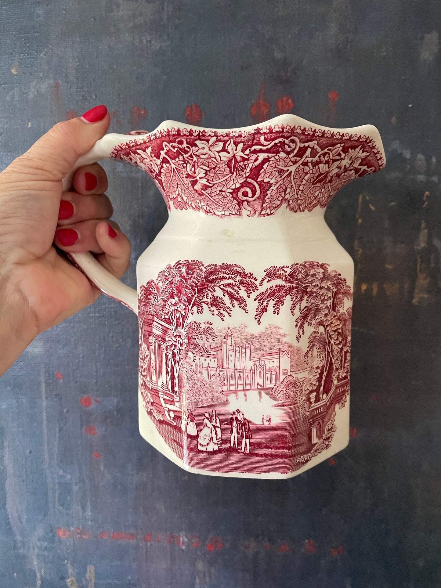 Vintage Pink and White Masons Vista English Pitcher