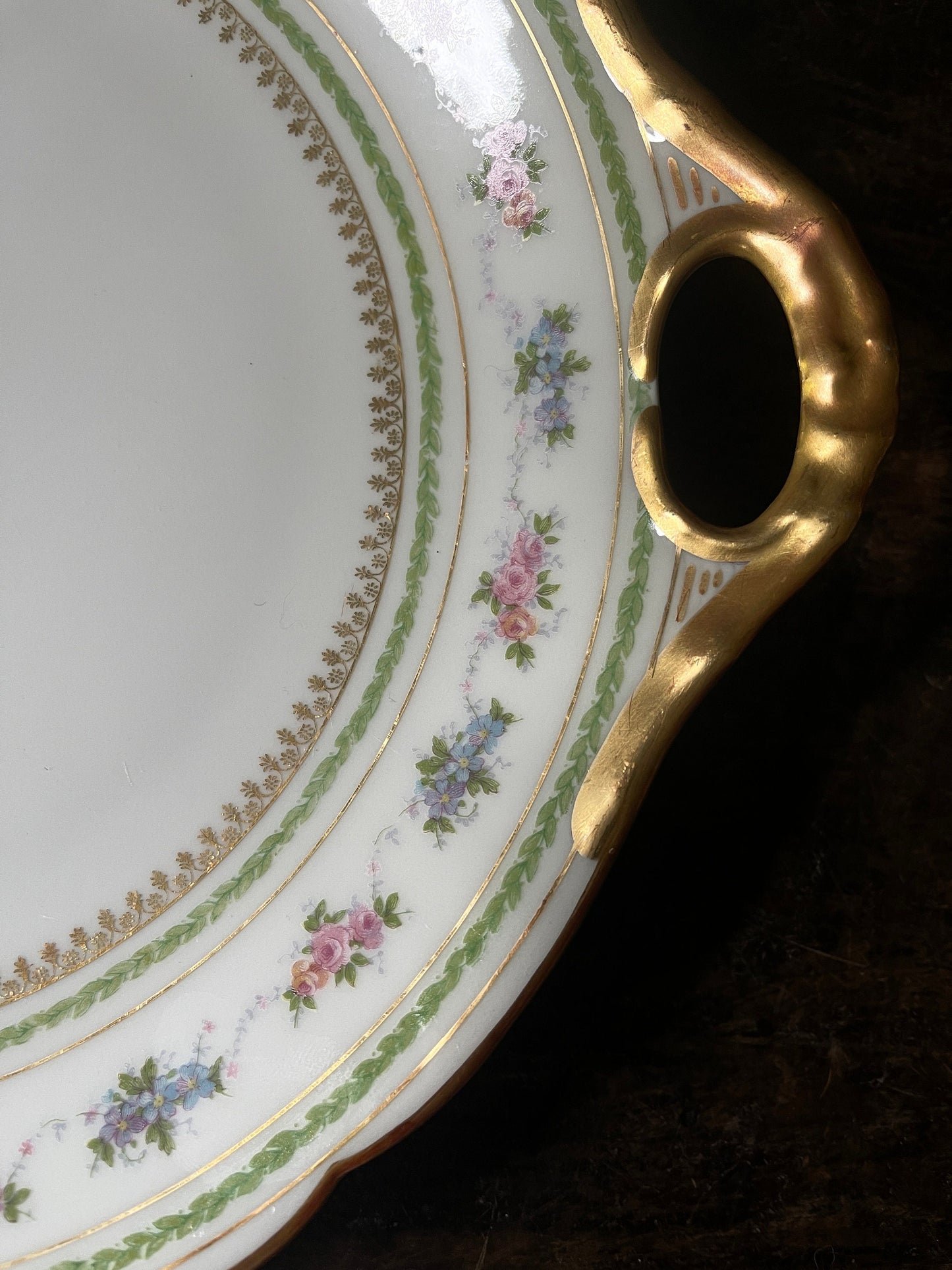 Vintage French Pink and Green J Pouyat Limoges Porcelain 11.75” Handled Platter