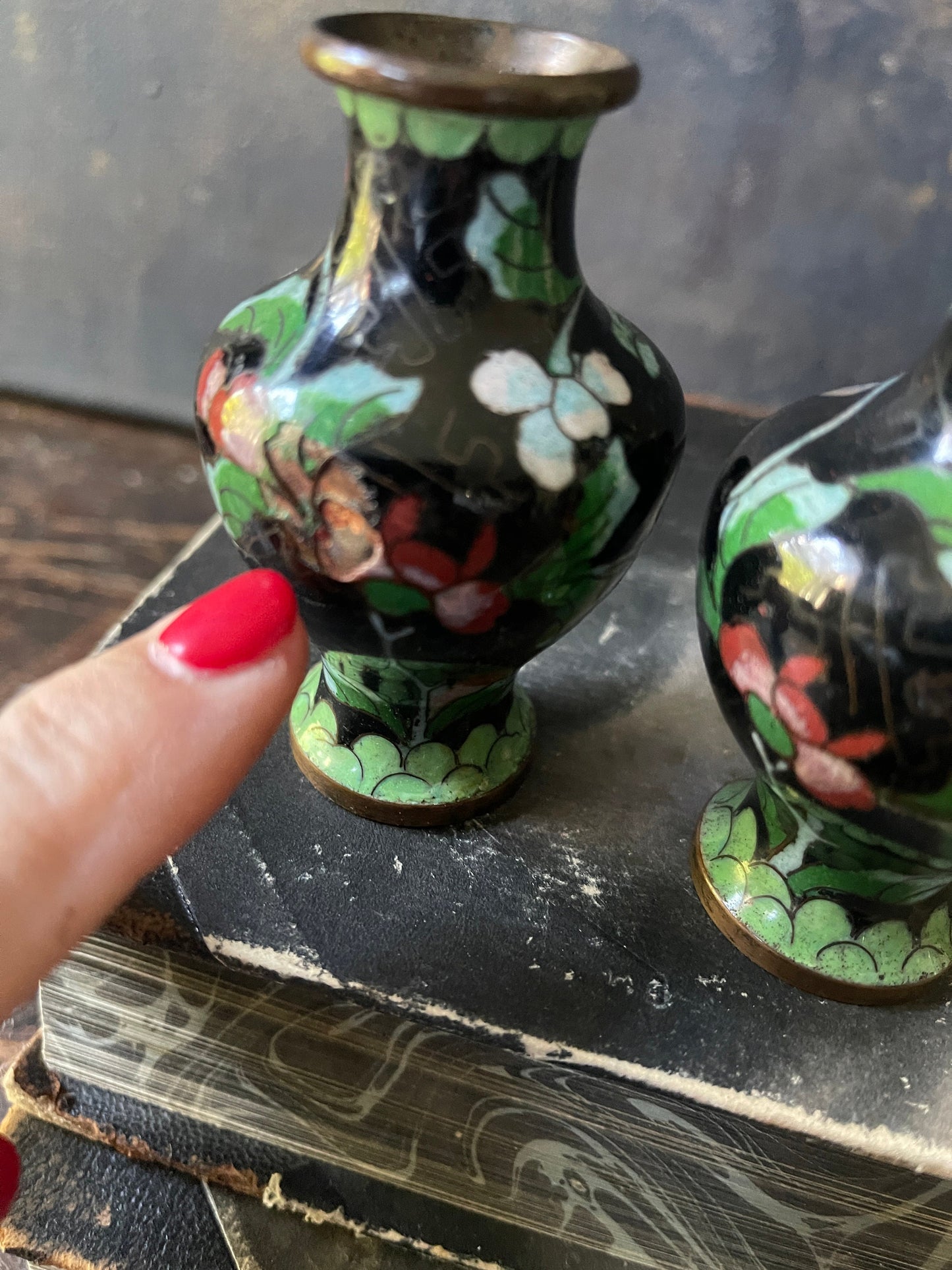 Pair of Vintage Chinese Black Cloisonné 3” Vases