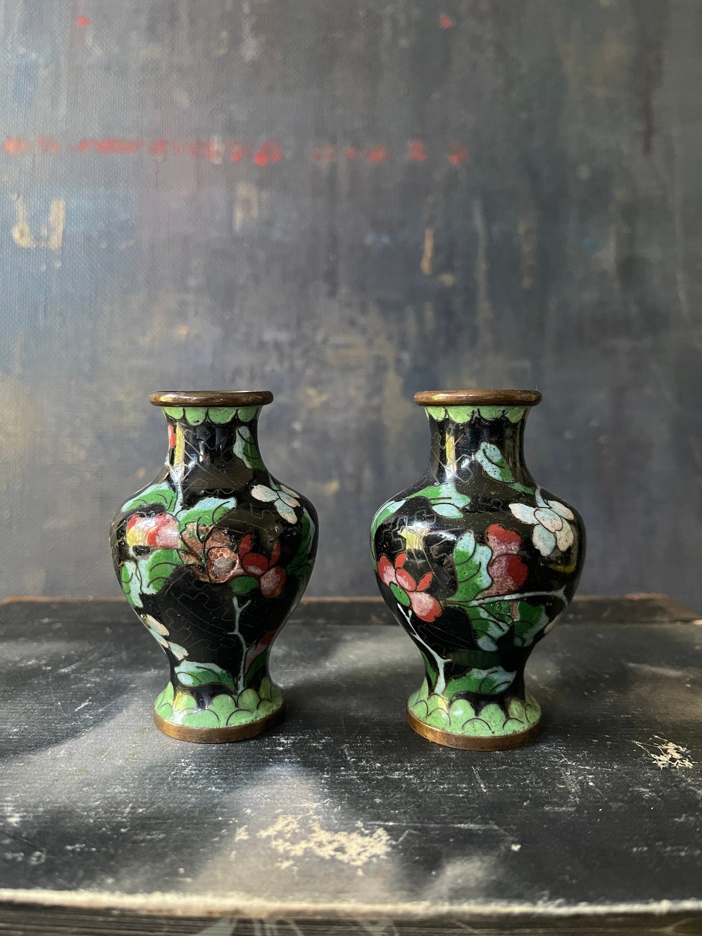 Pair of Vintage Chinese Black Cloisonné 3” Vases