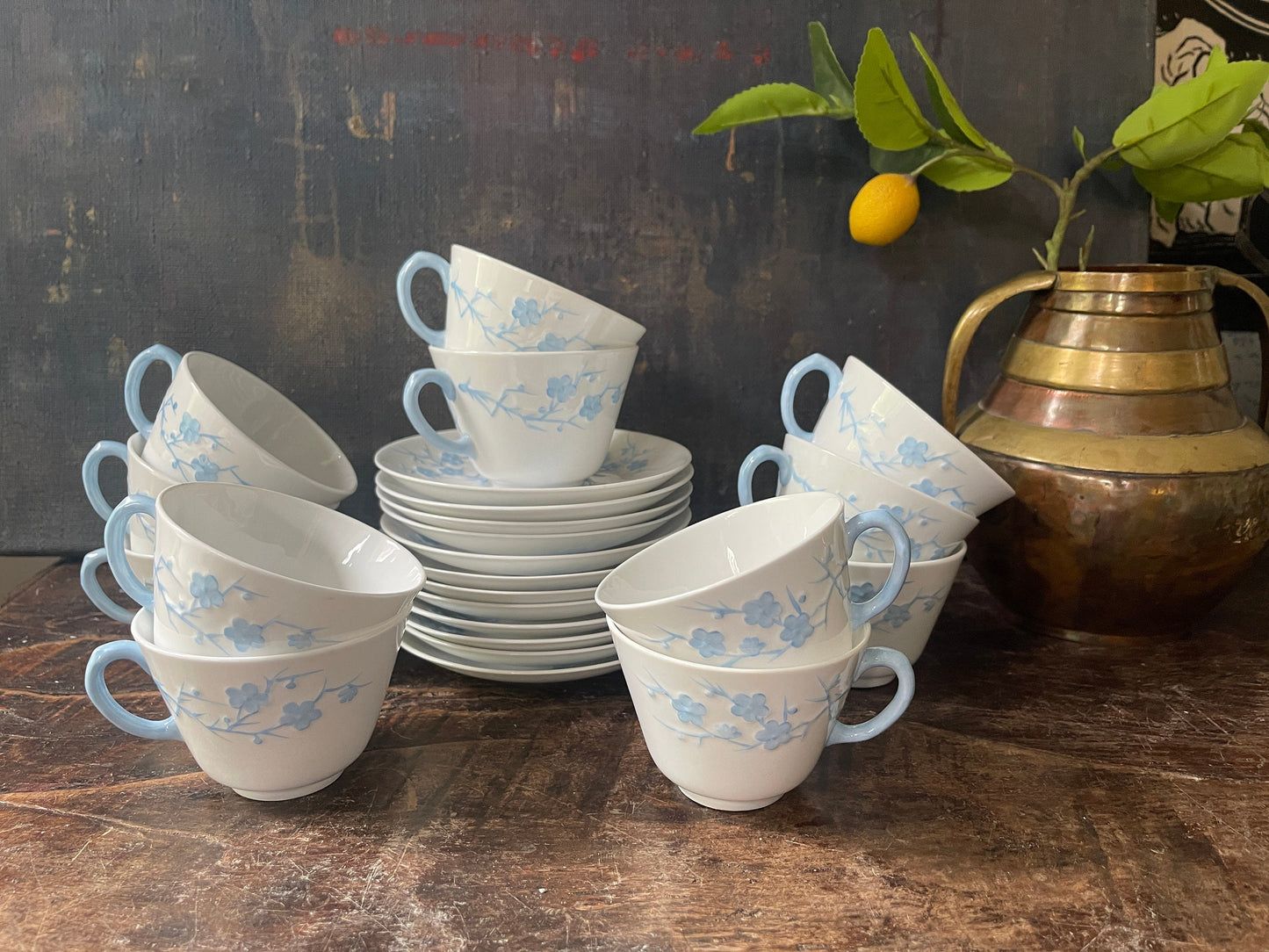 Set of Twelve (12) Spode Blanche de Chine Cherry Blossom English teacup and saucers