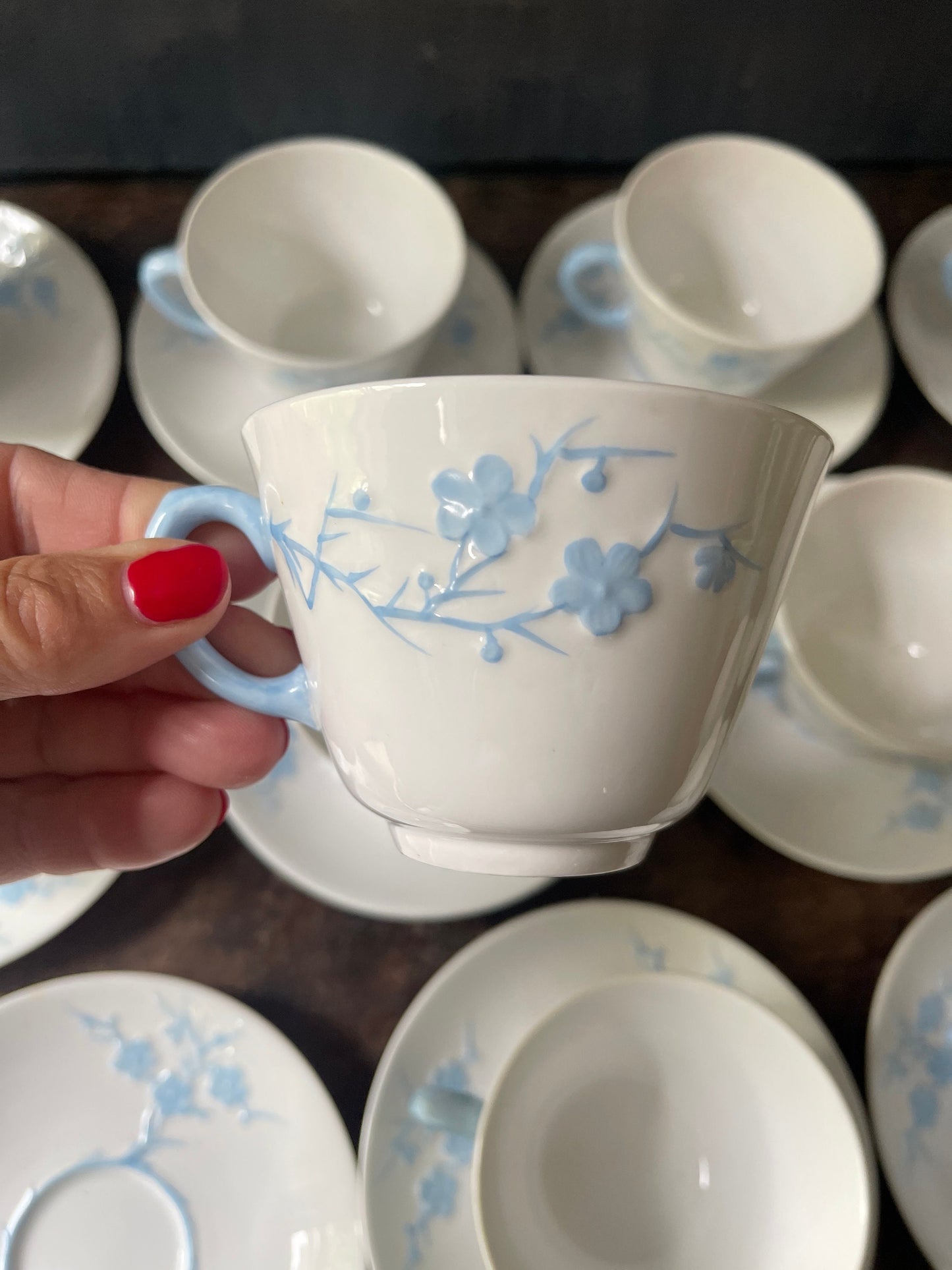 Set of Twelve (12) Spode Blanche de Chine Cherry Blossom English teacup and saucers