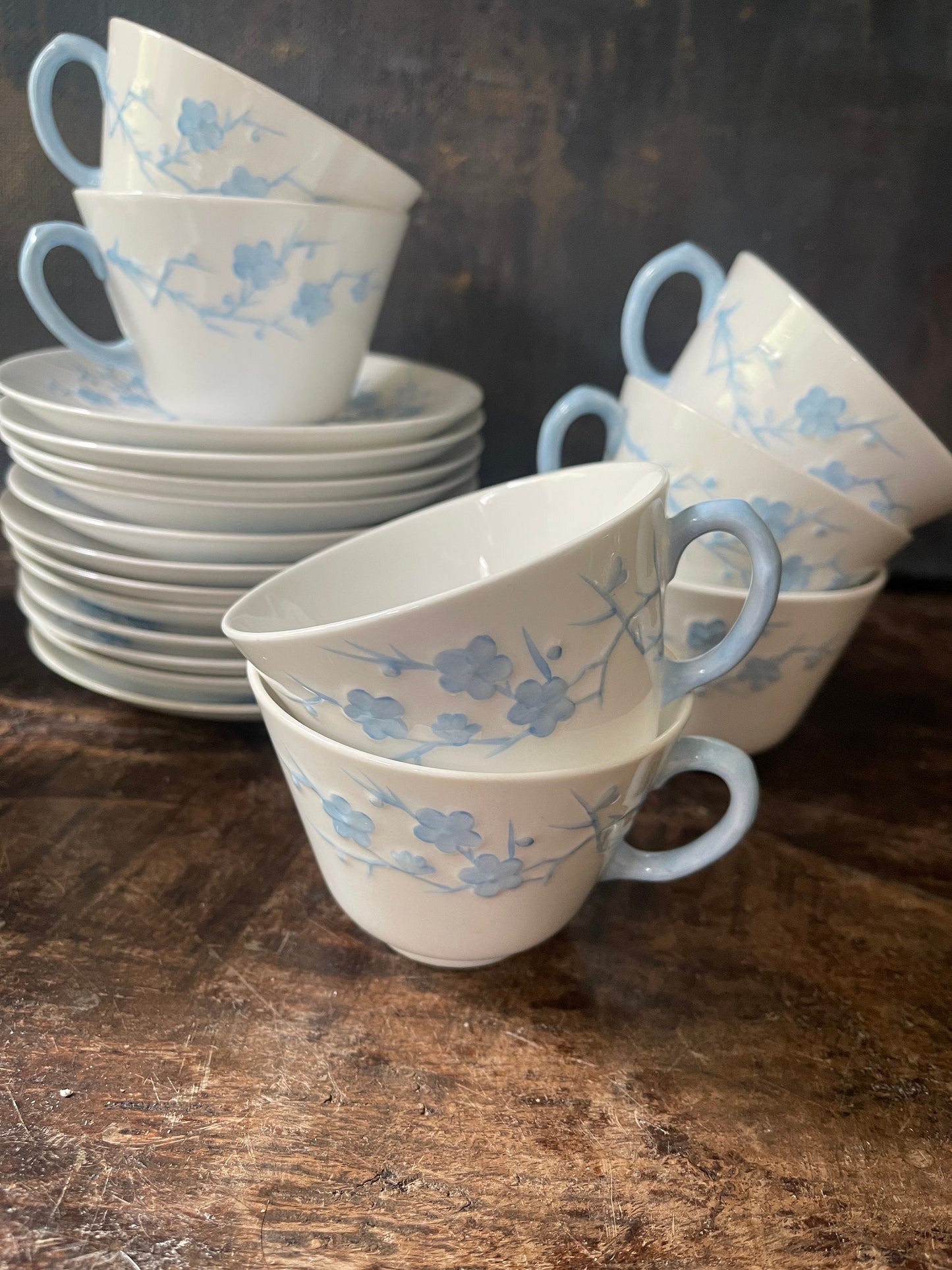 Set of Twelve (12) Spode Blanche de Chine Cherry Blossom English teacup and saucers