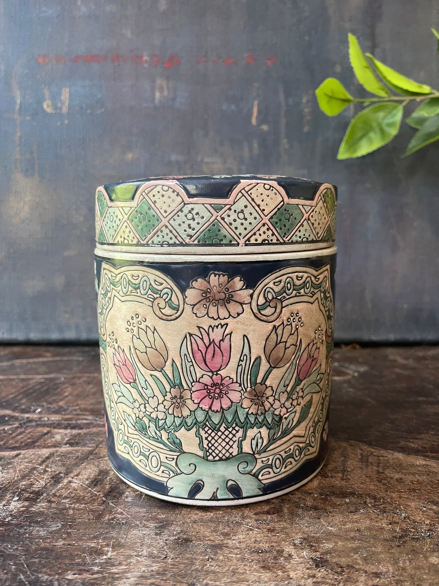 1980s Blue Asian Round Lidded Jar