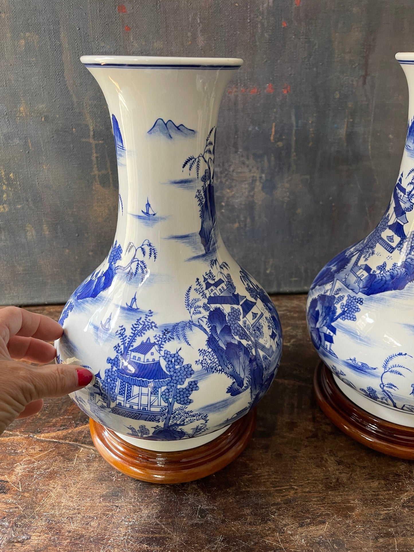 Pair of Bombay Blue and White 12” Chinoiserie Vase