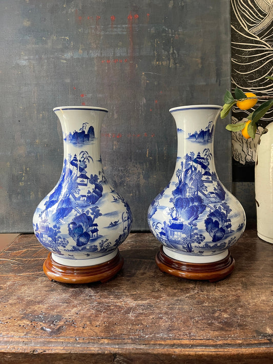 Pair of Bombay Blue and White 12” Chinoiserie Vase