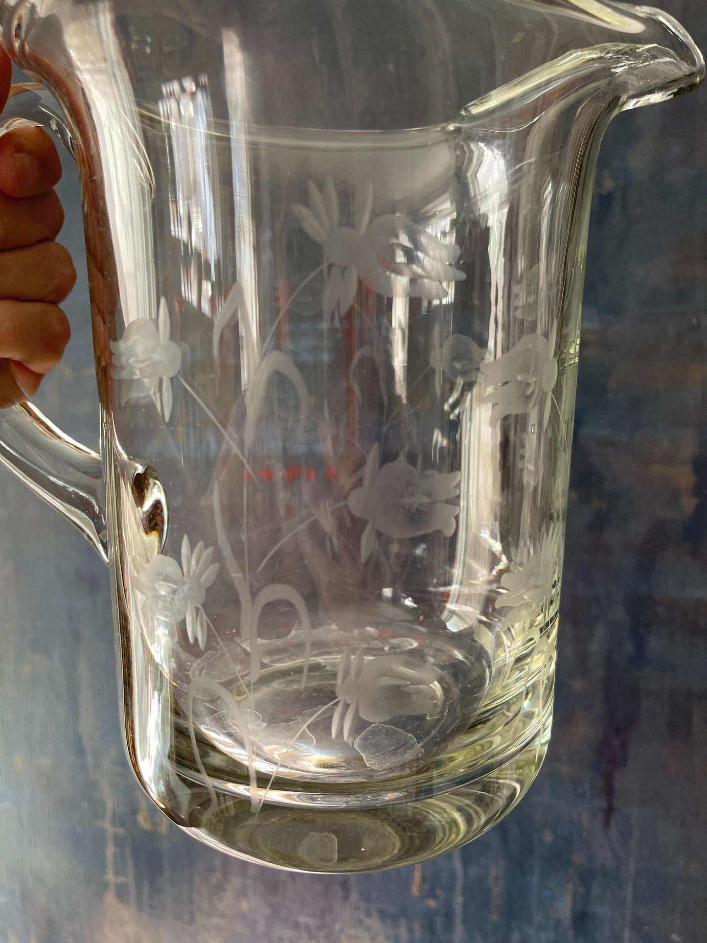 Vintage Etched Floral Glass Handblown Pitcher