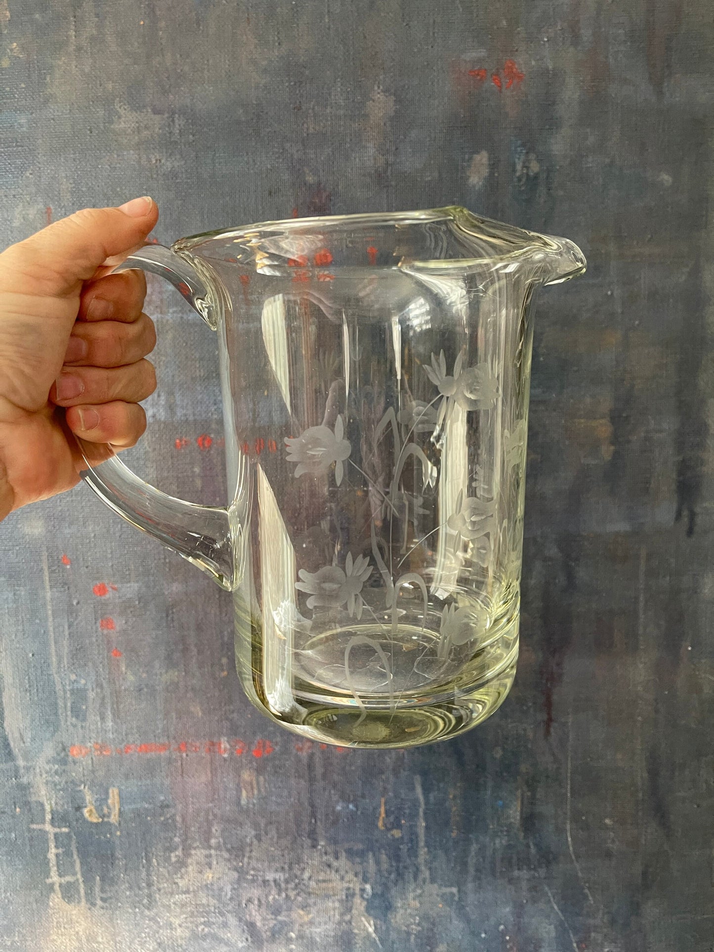 Vintage Etched Floral Glass Handblown Pitcher