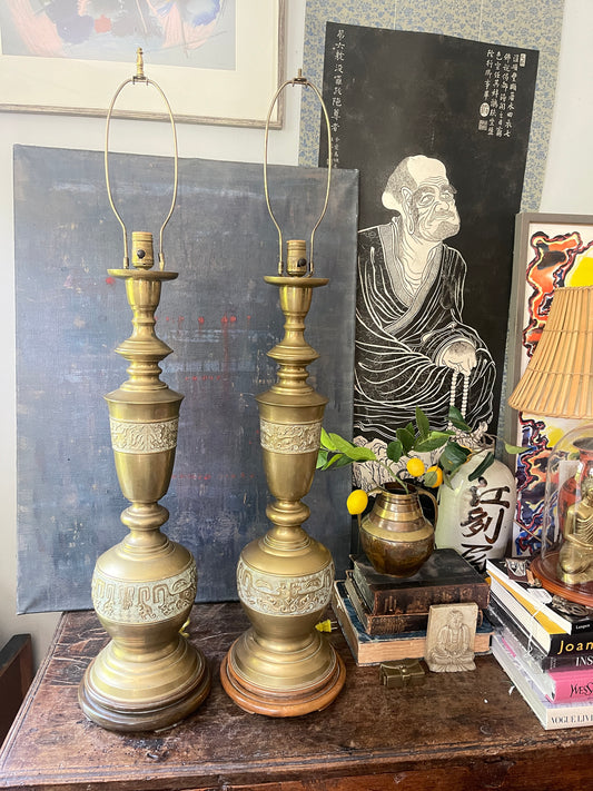 Pair of Mid Century Tall James Mont Style Brass Table Lamps