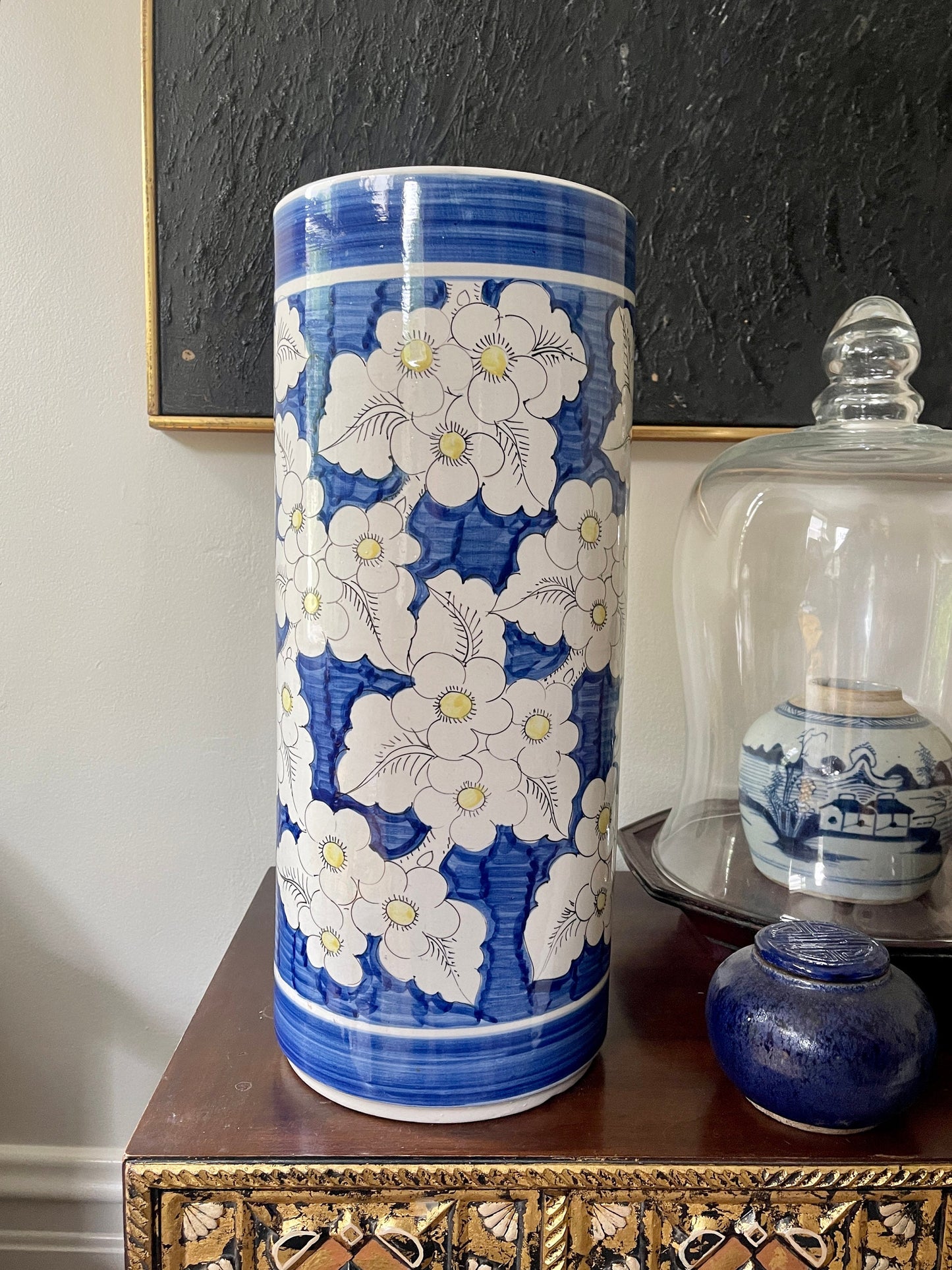 Vintage Blue and White Asian Cherry Blossom Umbrella Stand