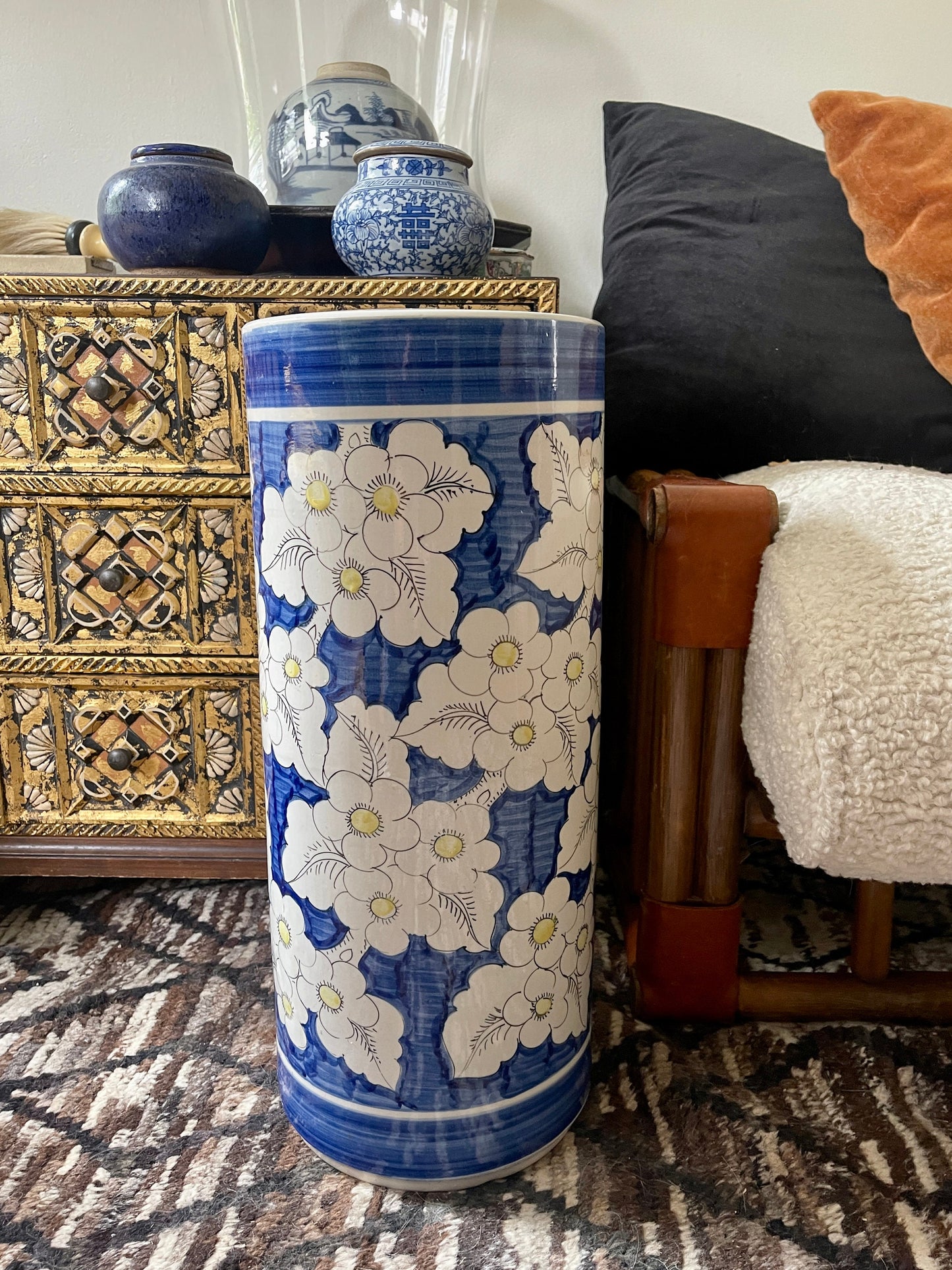 Vintage Blue and White Asian Cherry Blossom Umbrella Stand