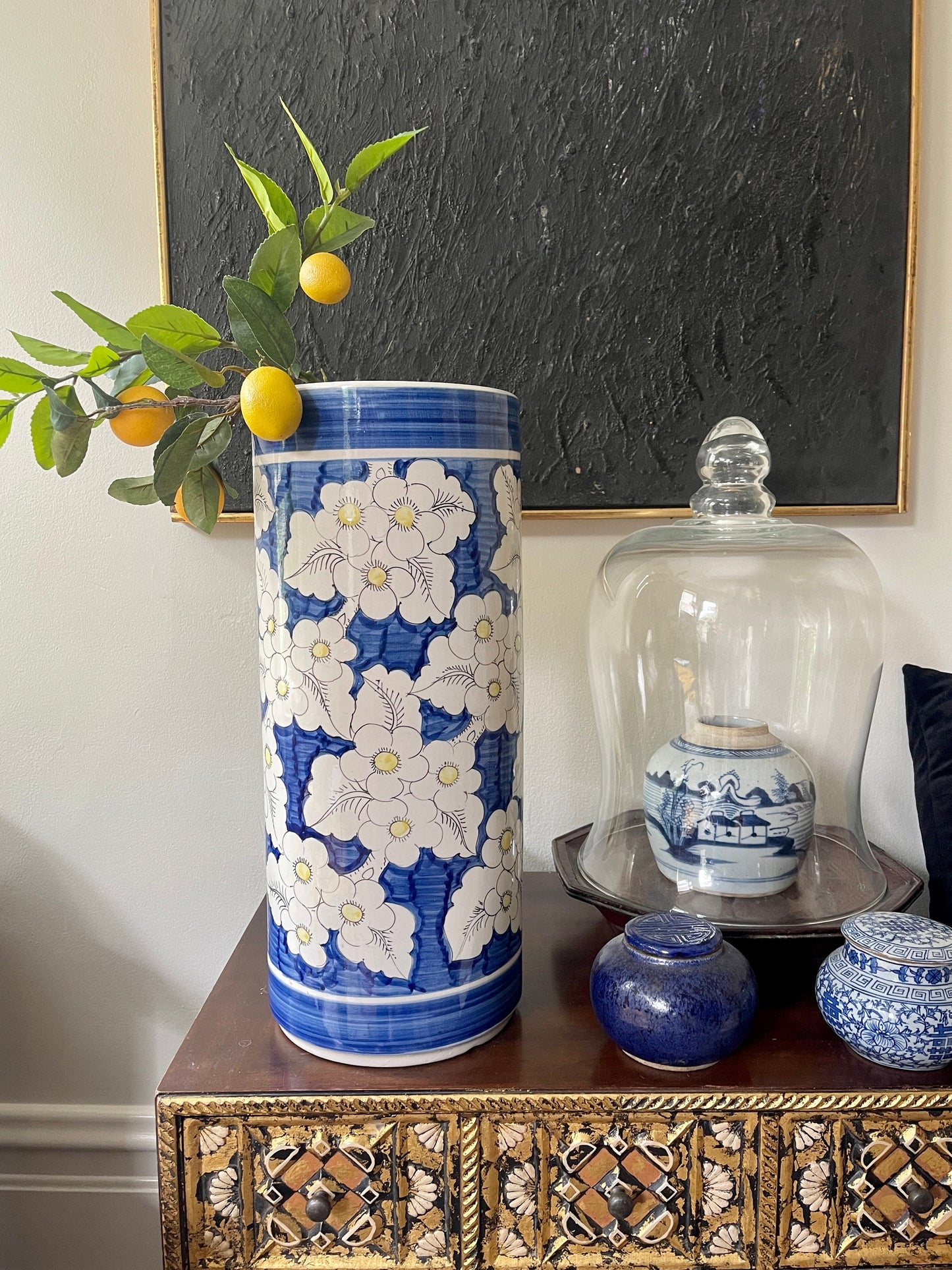 Vintage Blue and White Asian Cherry Blossom Umbrella Stand