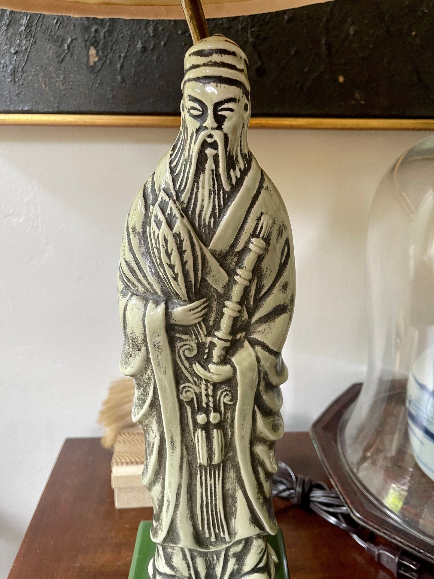 Vintage Green Asian Fu Lu Shou Deity Scholar Lamp