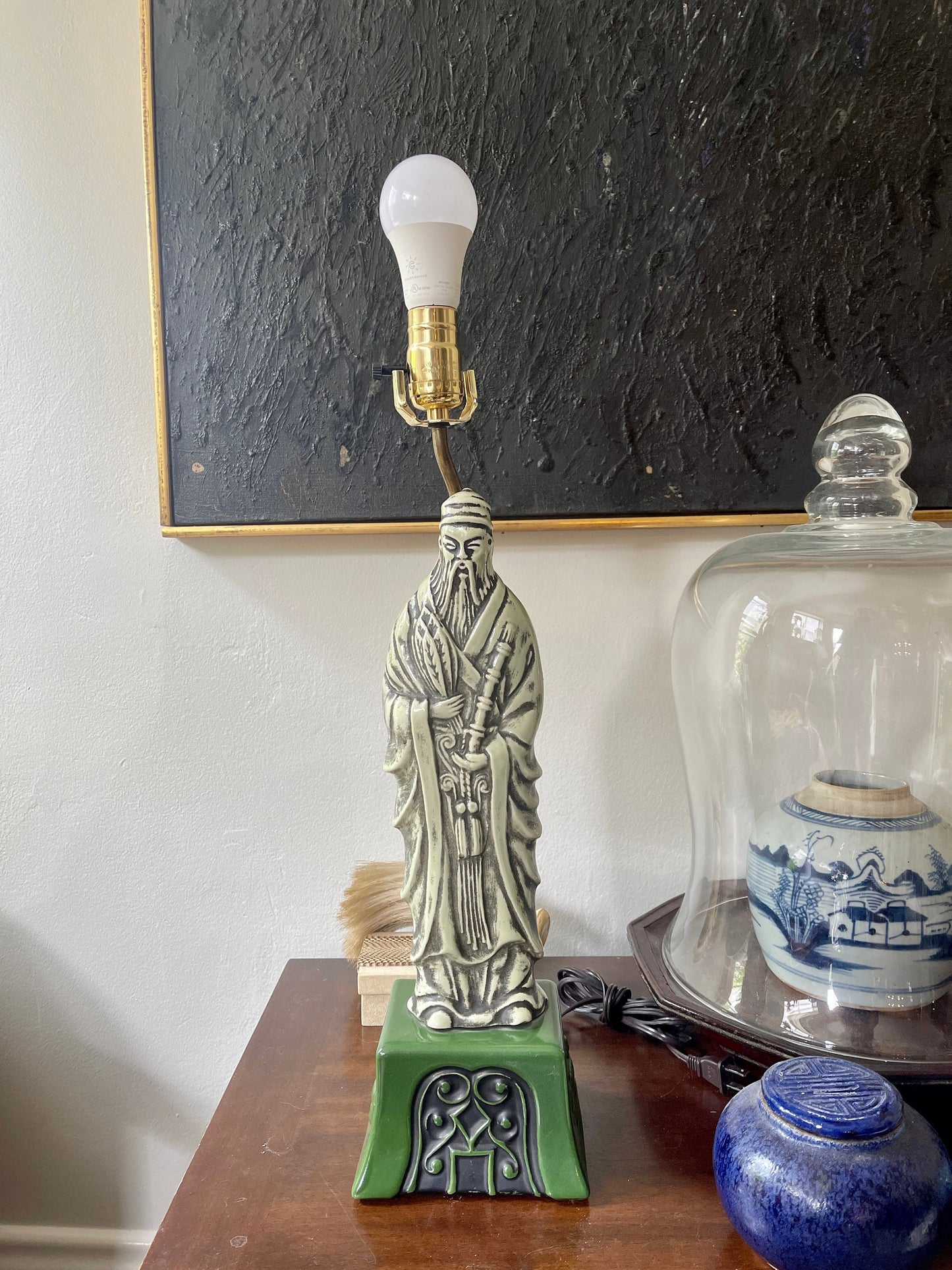 Vintage Green Asian Fu Lu Shou Deity Scholar Lamp