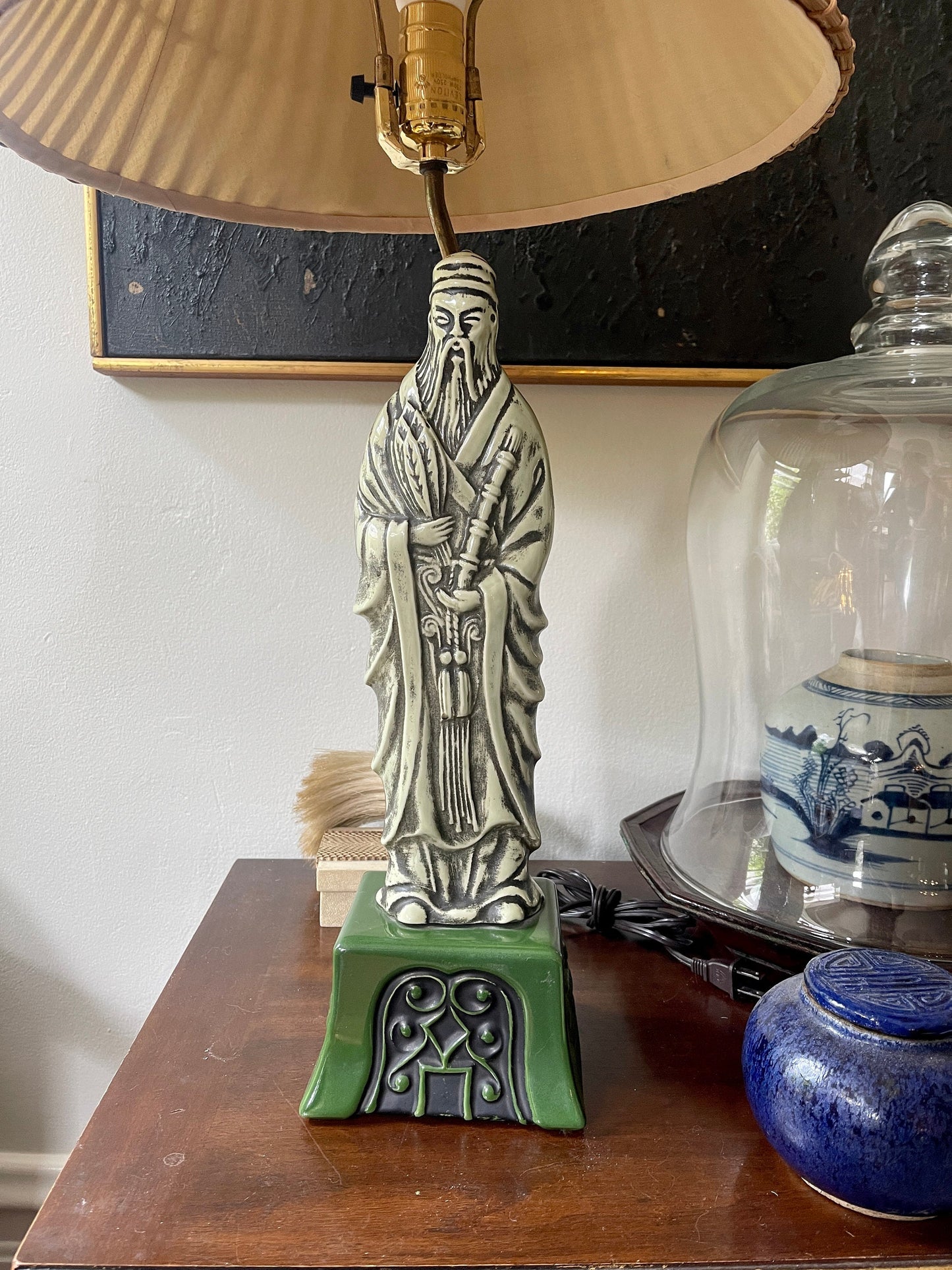 Vintage Green Asian Fu Lu Shou Deity Scholar Lamp