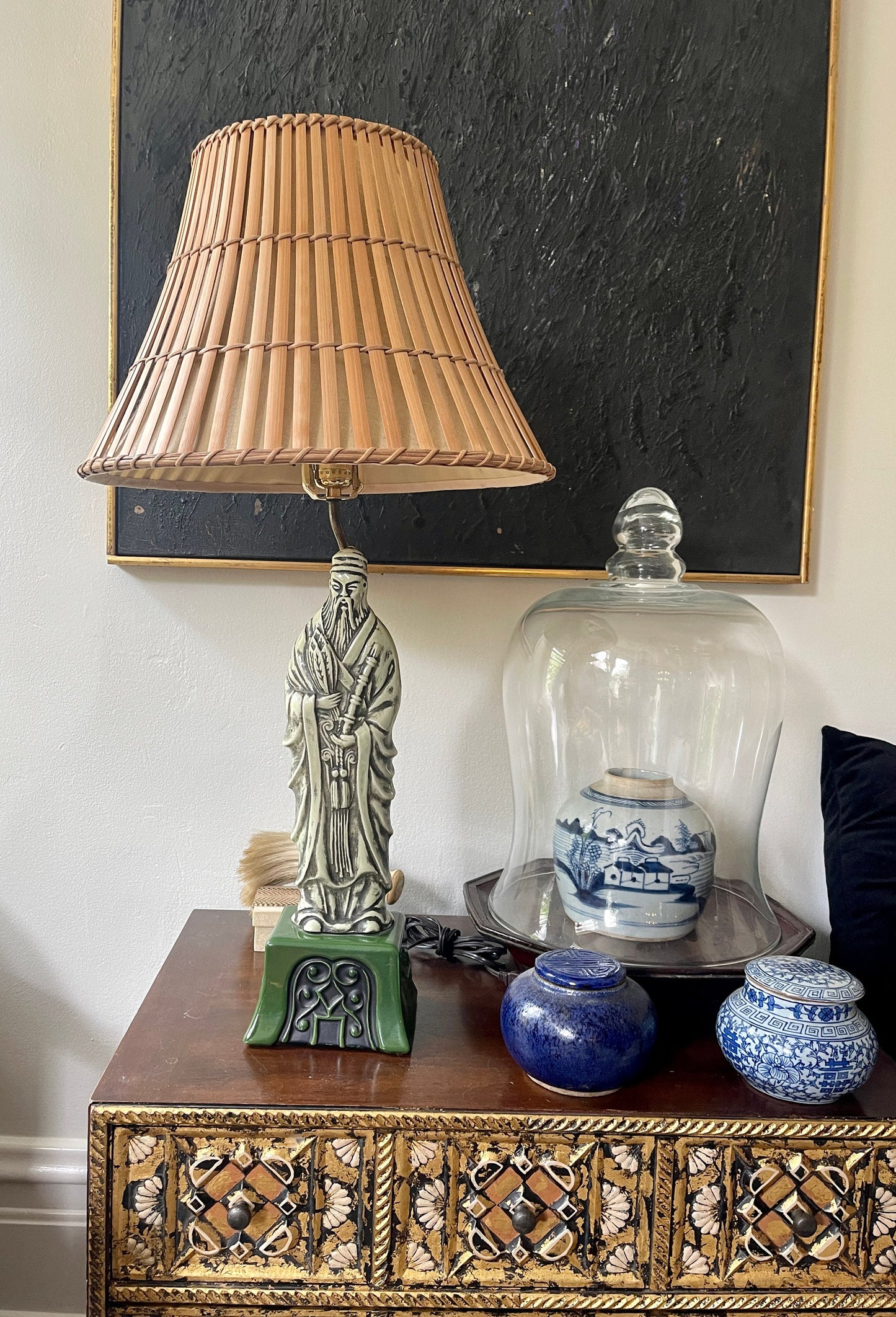 Vintage Green Asian Fu Lu Shou Deity Scholar Lamp