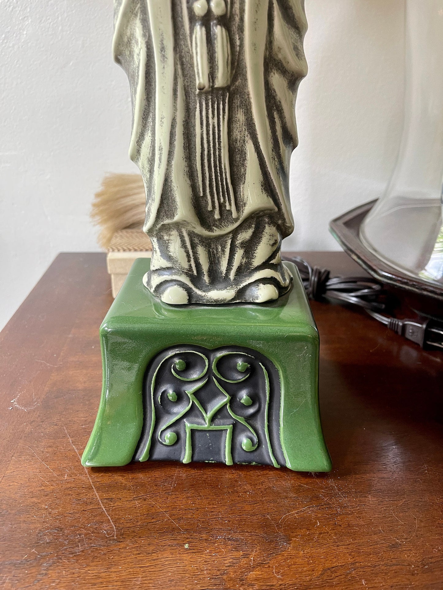 Vintage Green Asian Fu Lu Shou Deity Scholar Lamp