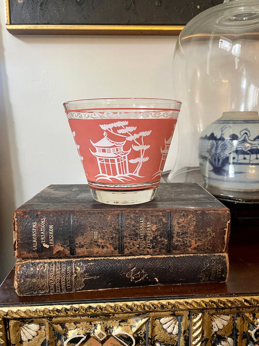 Vintage Hazel Atlas Dybal Coral Pink Pagoda Ice Bucket Glass Bowl