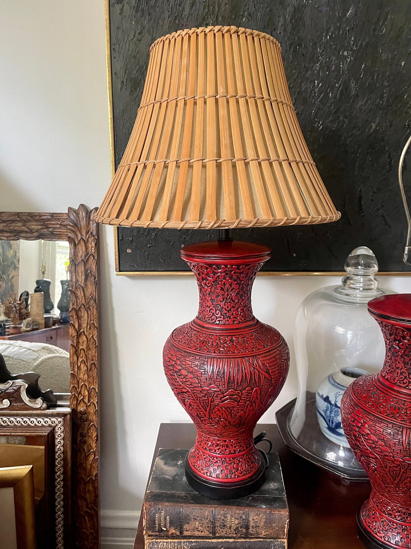 Pair of Contemporary Red Cinnabar Style Asian Lamps