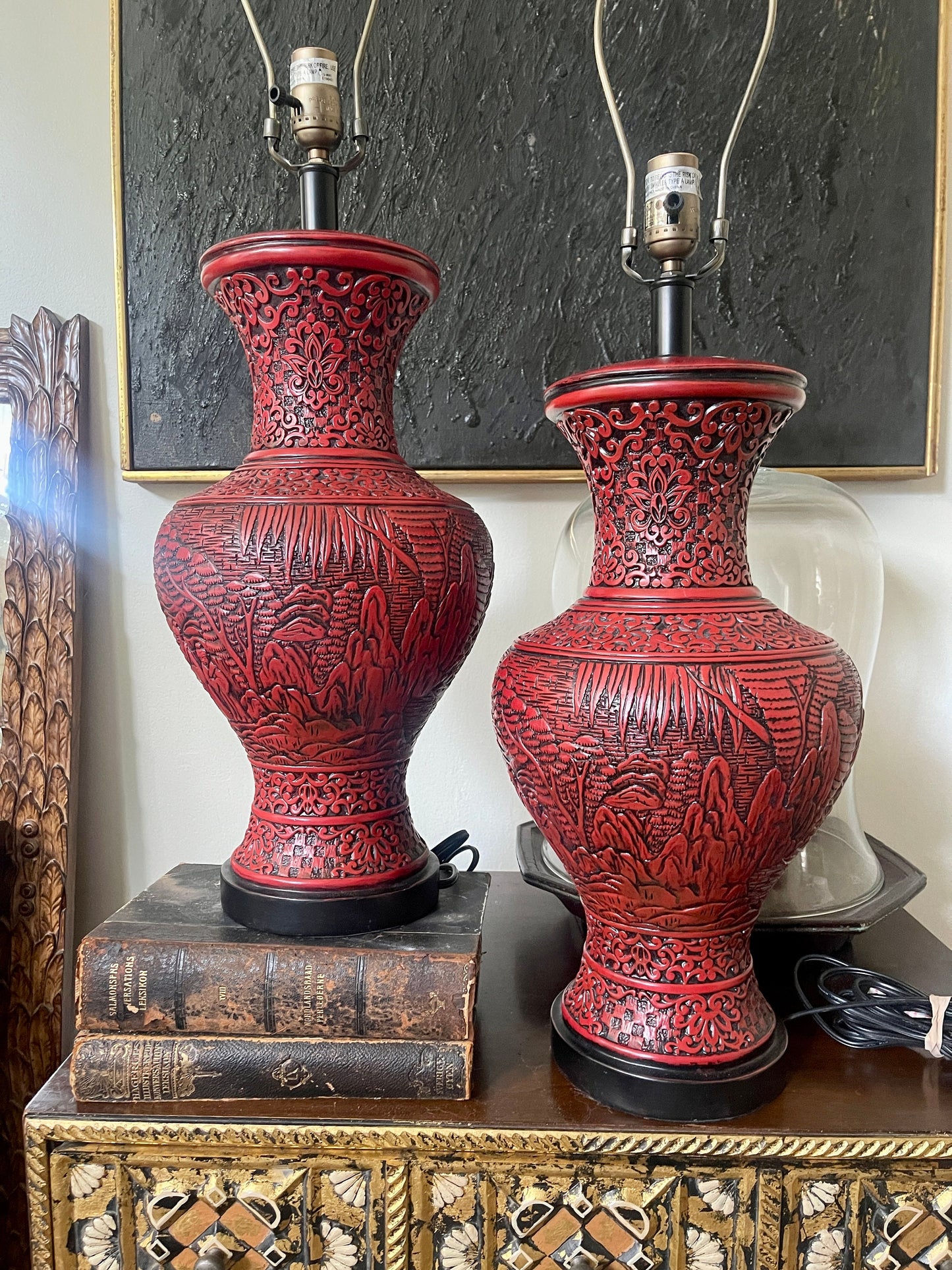 Pair of Contemporary Red Cinnabar Style Asian Lamps