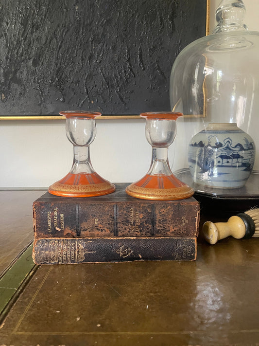 Pair of Vintage Orange Glass Candlestick Holders