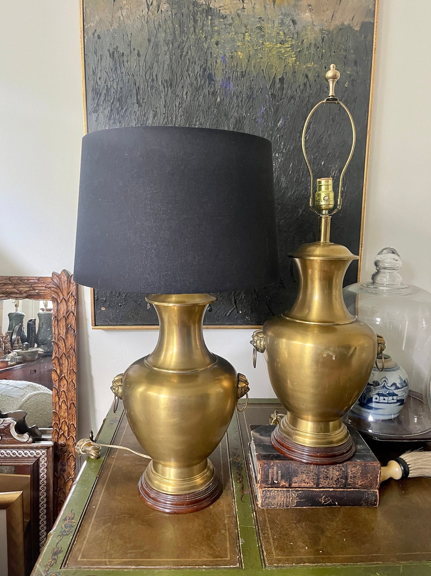 Pair of Vintage Chinoiserie Brass Foo Dog Asian Urn Lamps