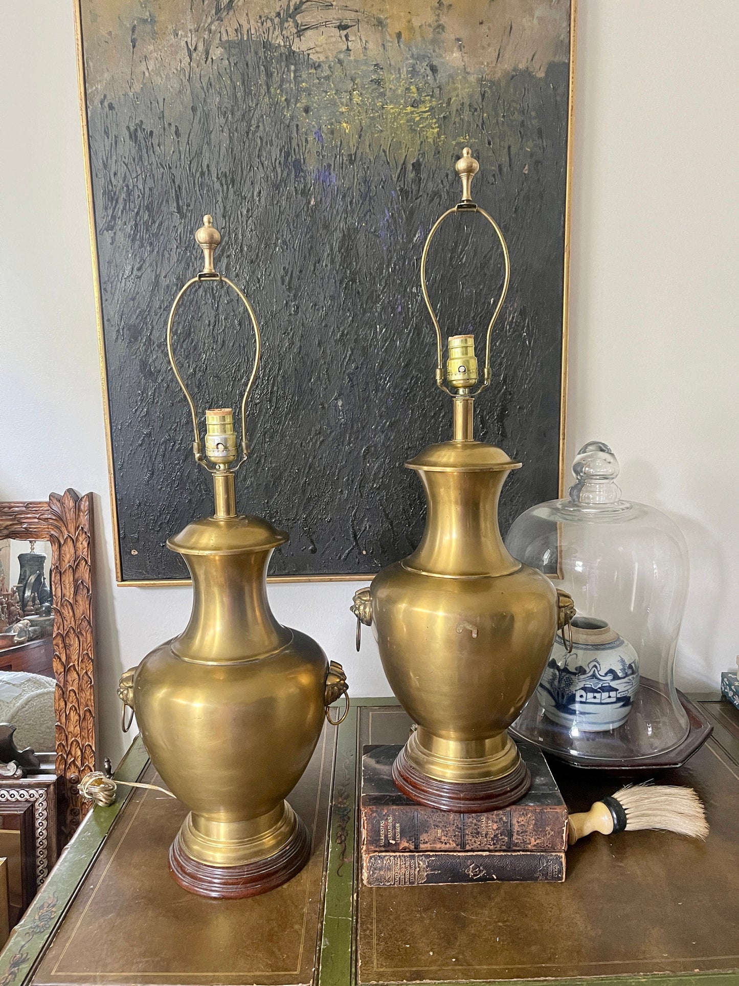 Pair of Vintage Chinoiserie Brass Foo Dog Asian Urn Lamps