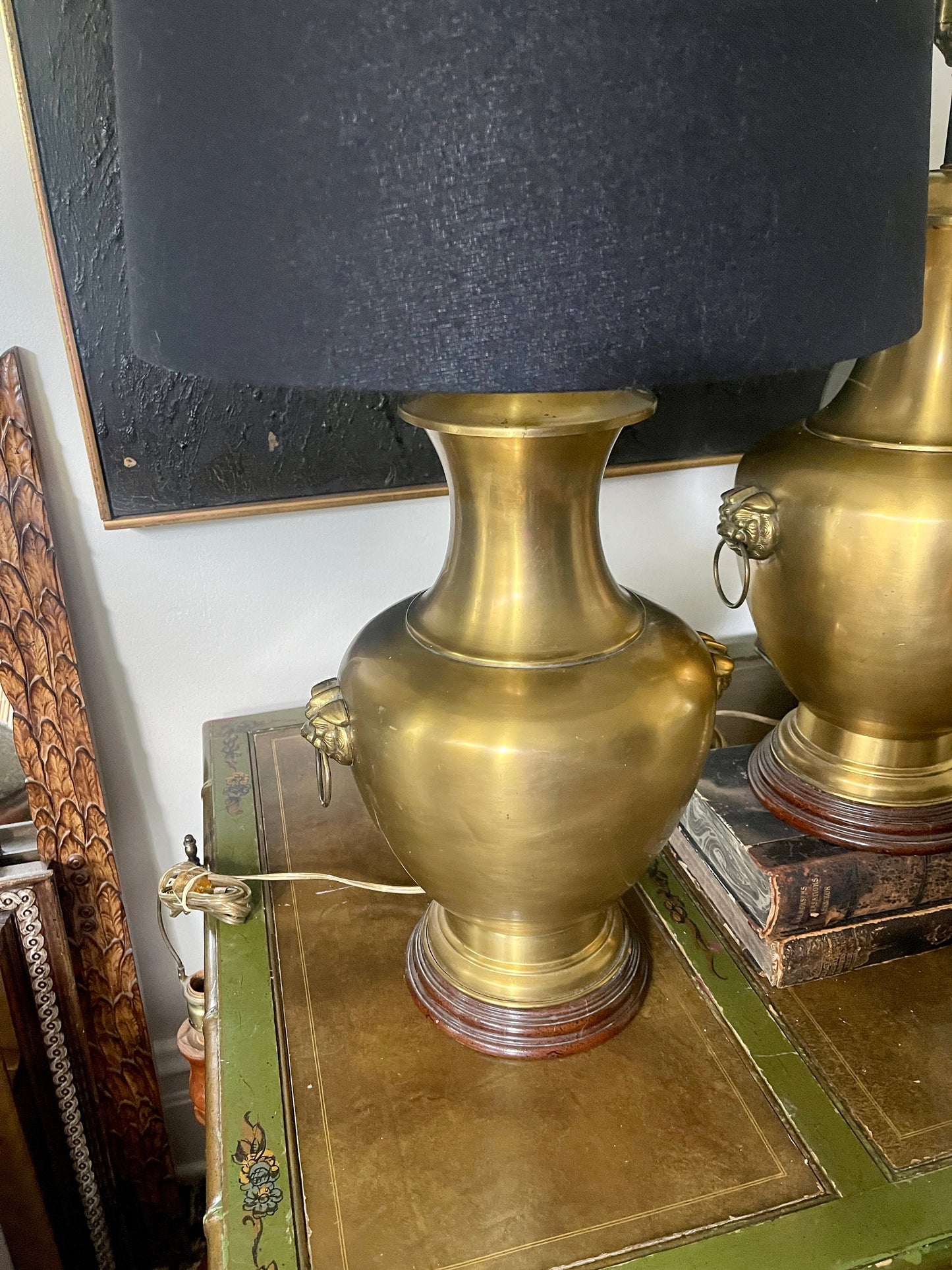 Pair of Vintage Chinoiserie Brass Foo Dog Asian Urn Lamps