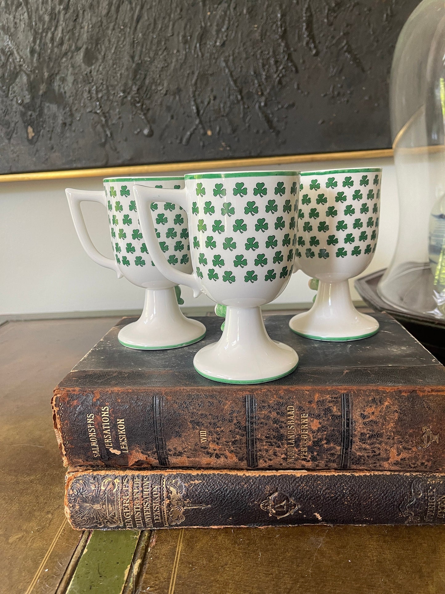 Set of Three (3) Green and White Irish Elf Ceramic Goblets