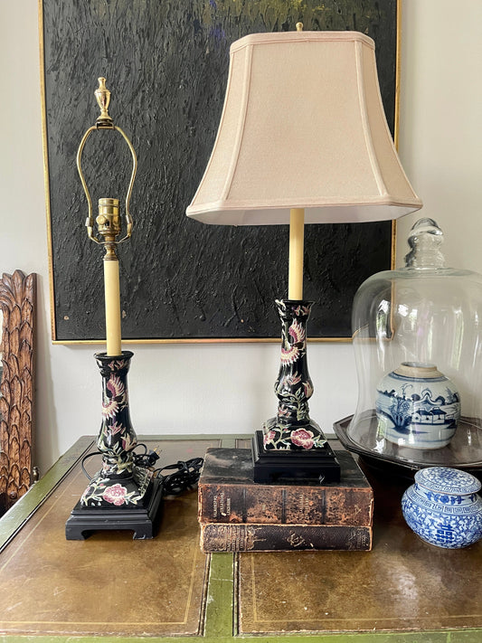 Pair of Vintage Bradburn Gallery Black Chinoiserie Buffet Lamps