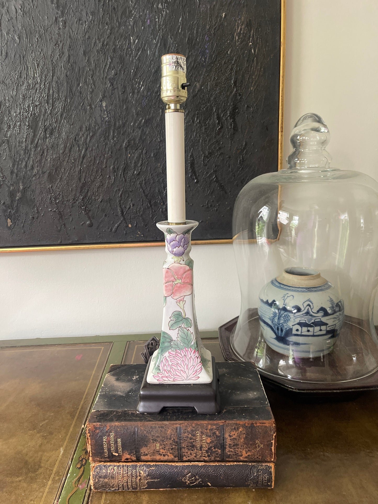 Vintage Asian White Floral Candlestick Buffet Lamp