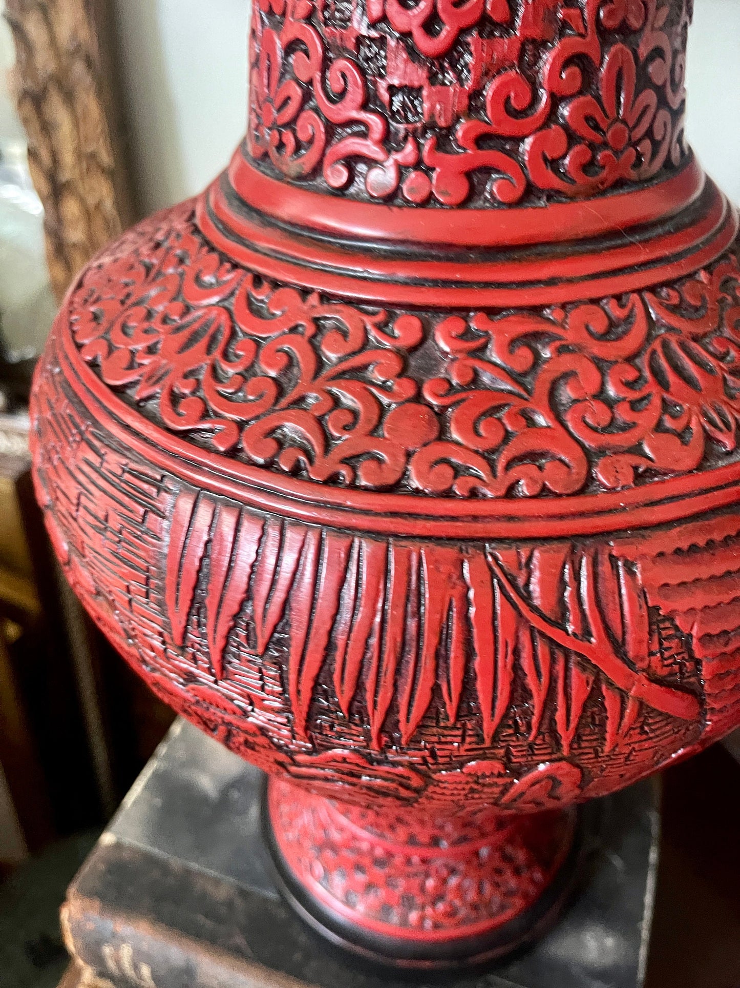 Pair of Contemporary Red Cinnabar Style Asian Lamps