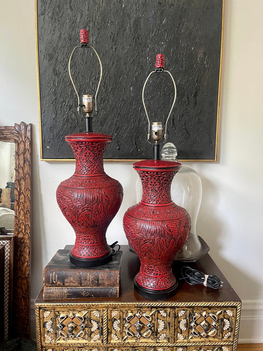 Pair of Contemporary Red Cinnabar Style Asian Lamps