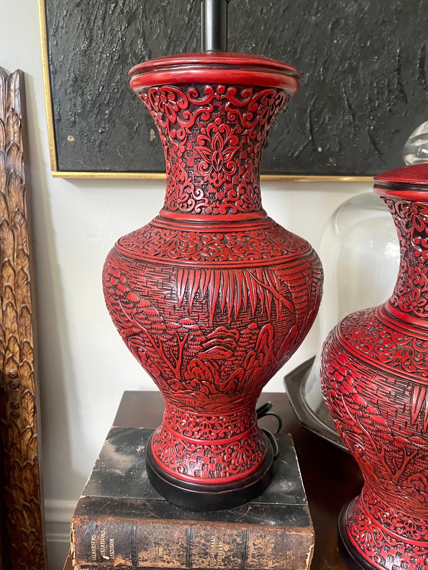 Pair of Contemporary Red Cinnabar Style Asian Lamps