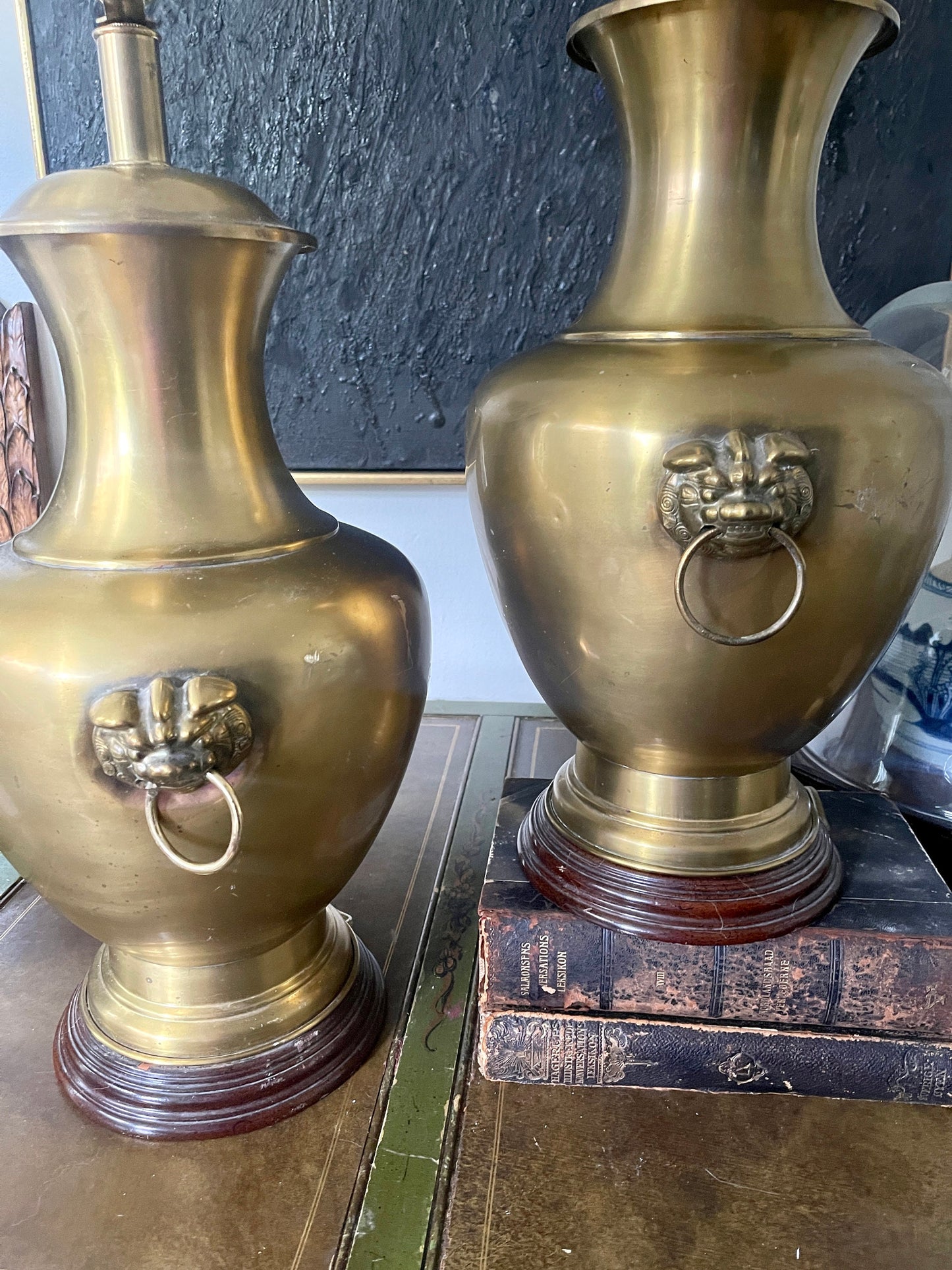 Pair of Vintage Chinoiserie Brass Foo Dog Asian Urn Lamps