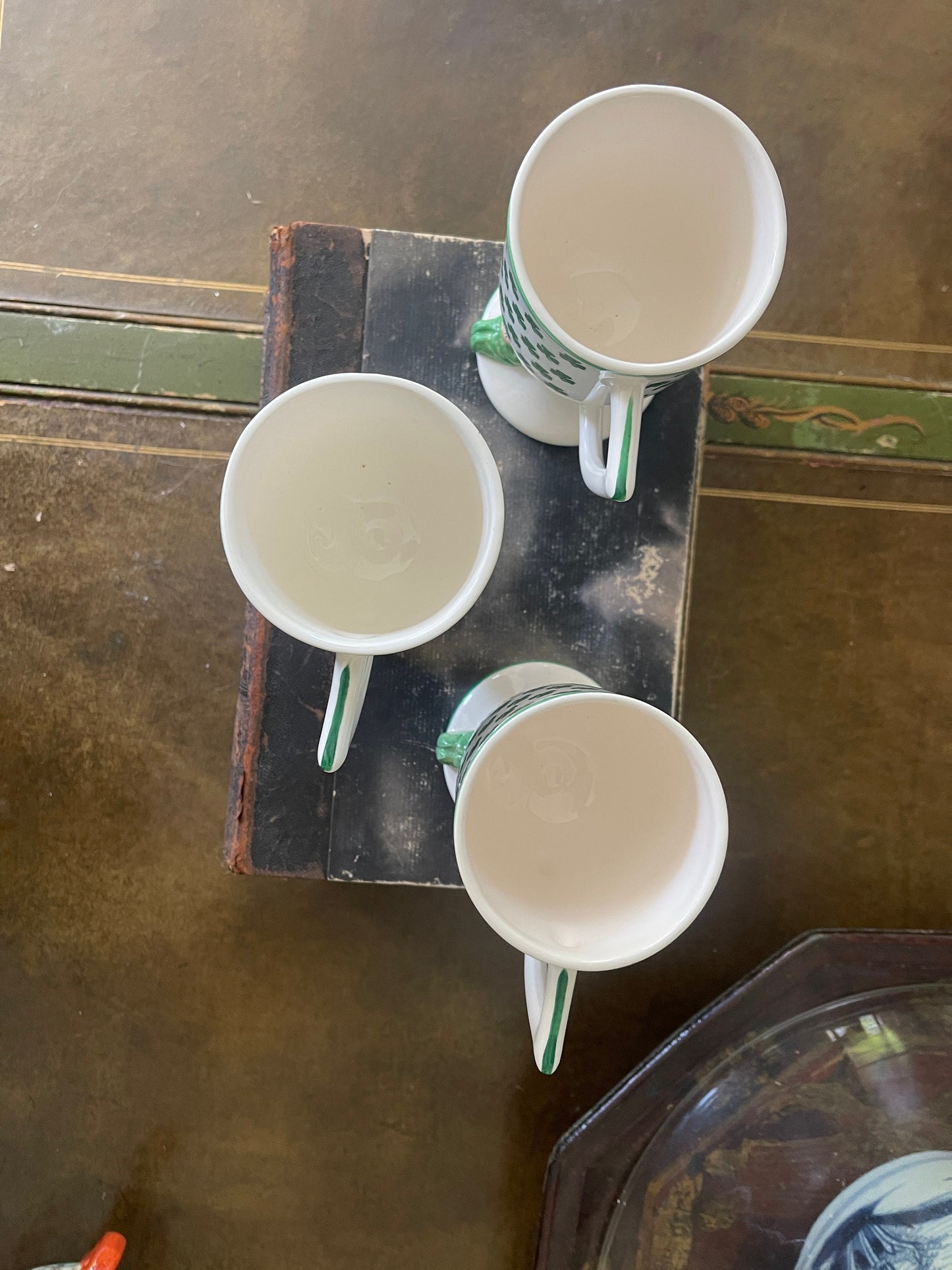 Set of Three (3) Green and White Irish Elf Ceramic Goblets