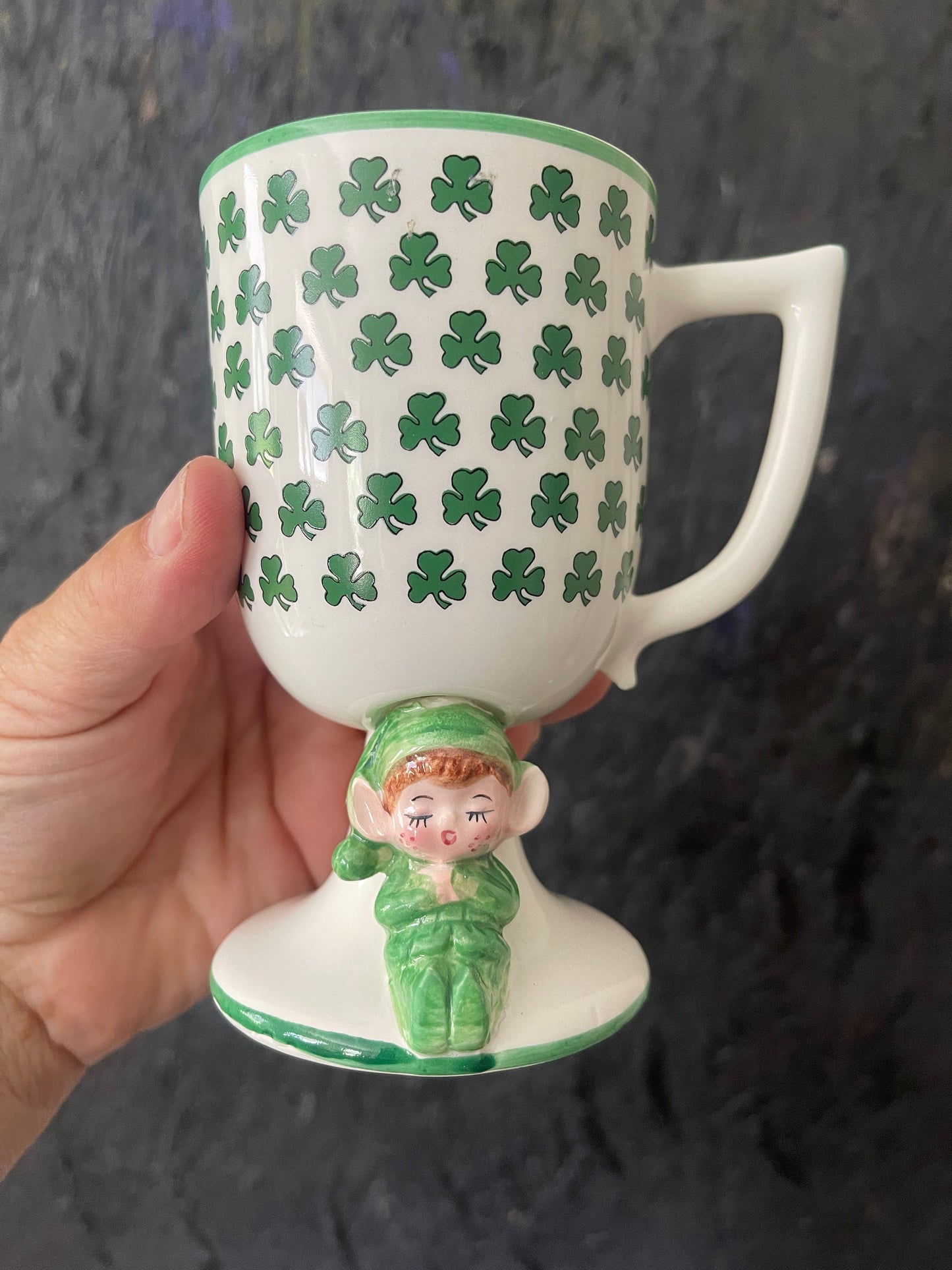 Set of Three (3) Green and White Irish Elf Ceramic Goblets