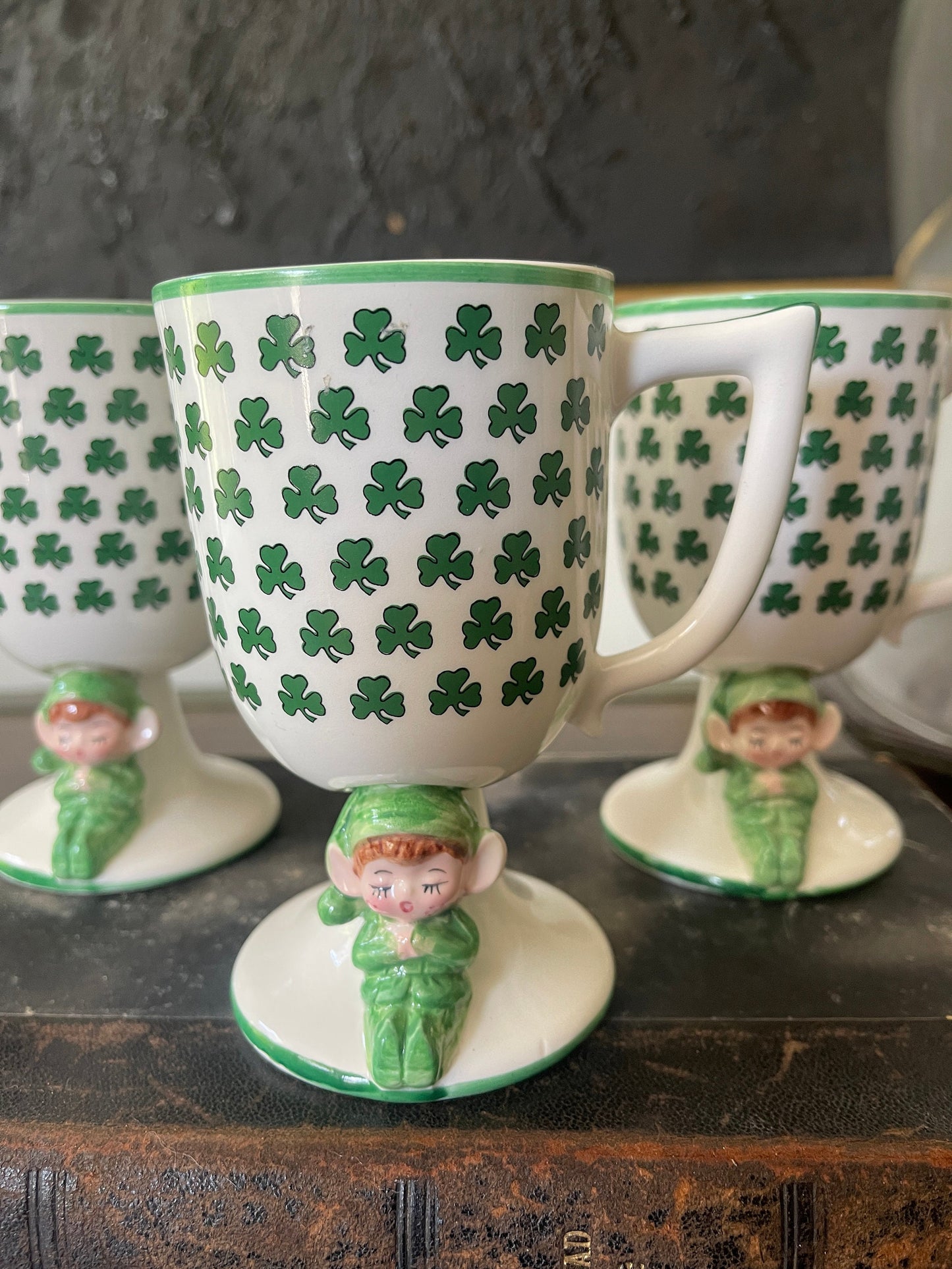 Set of Three (3) Green and White Irish Elf Ceramic Goblets