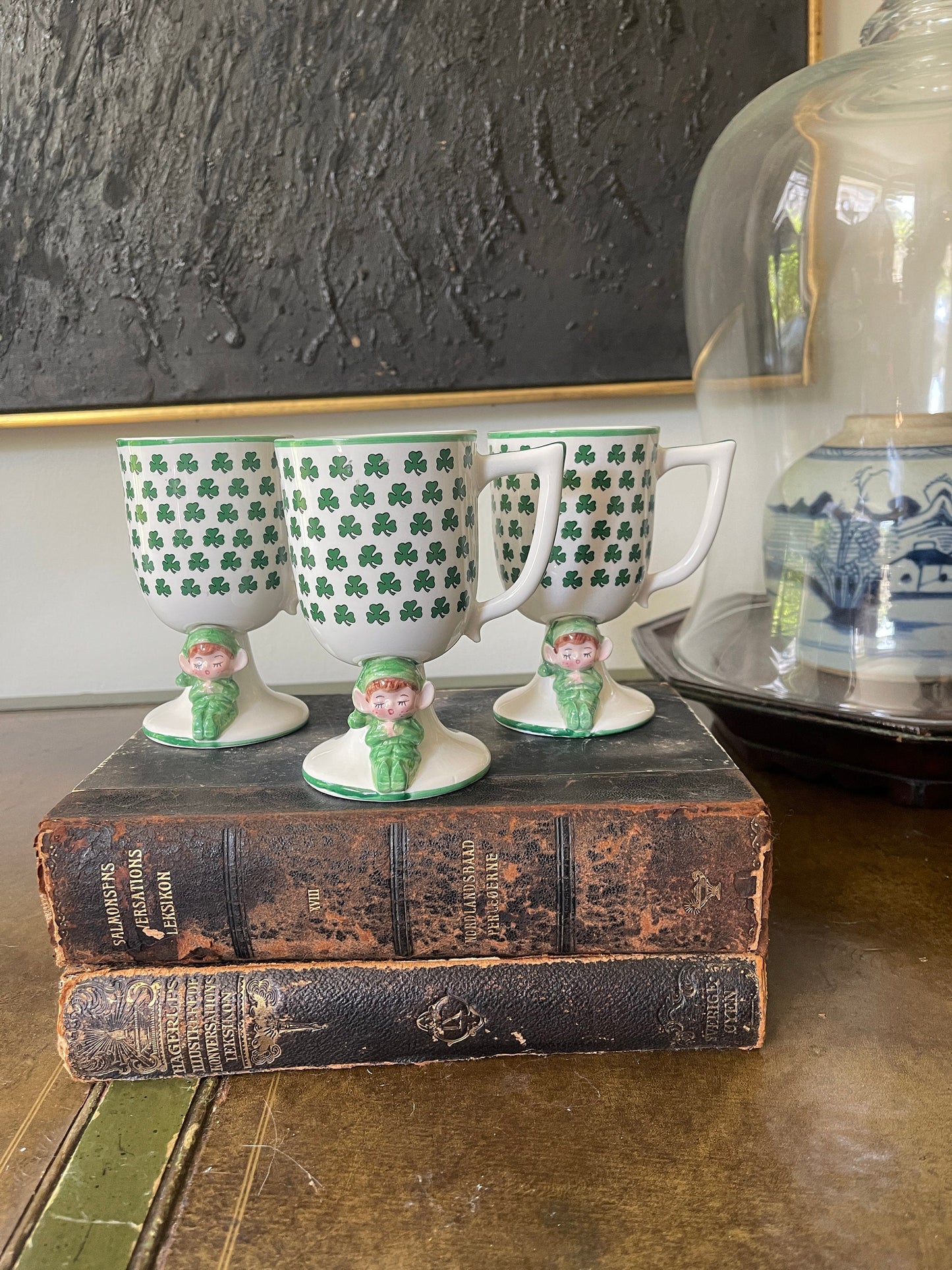 Set of Three (3) Green and White Irish Elf Ceramic Goblets