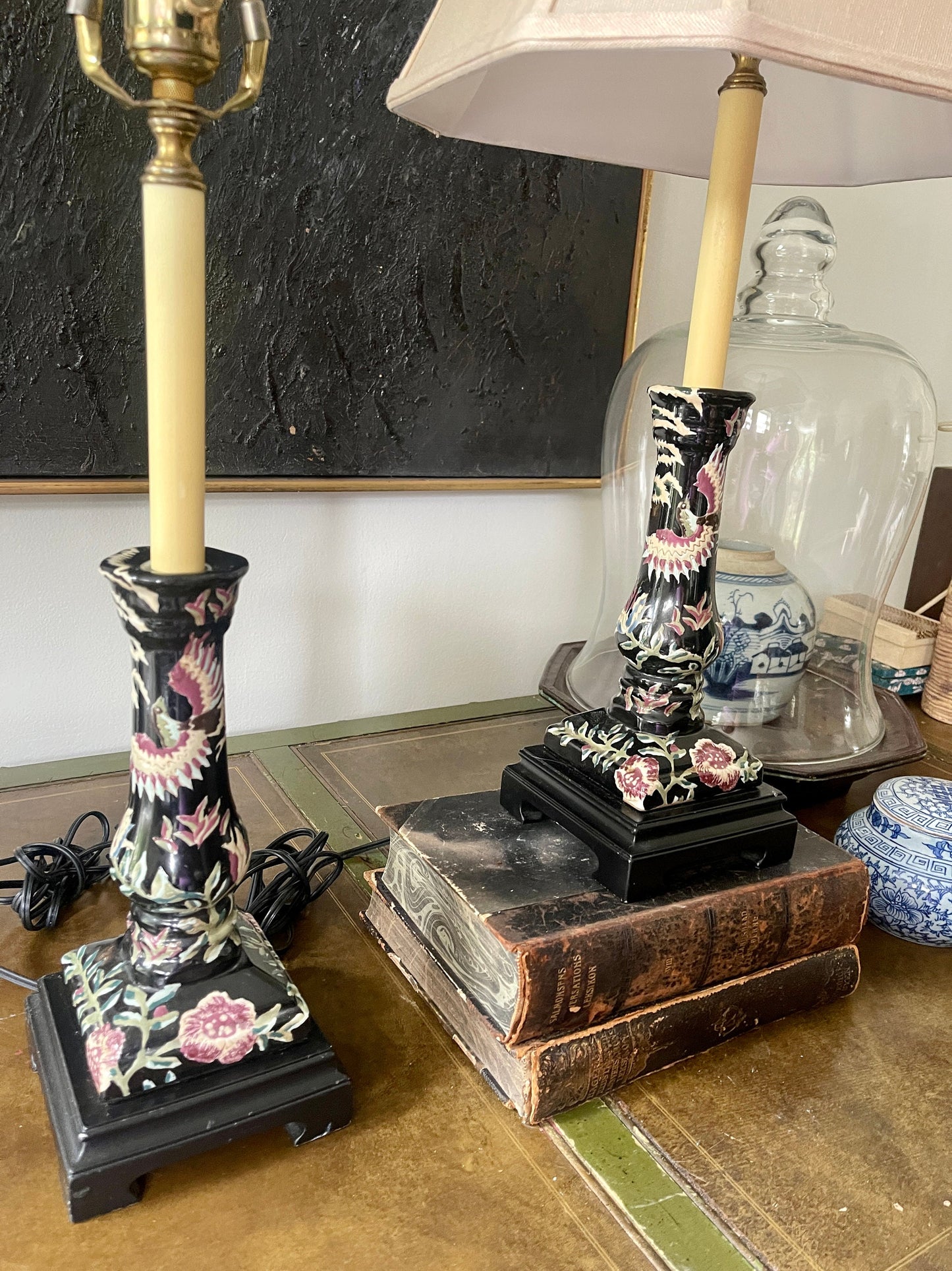 Pair of Vintage Bradburn Gallery Black Chinoiserie Buffet Lamps