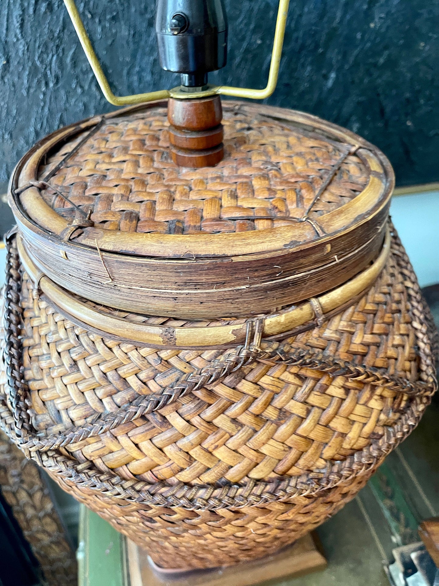 Pair of Mid Century Southeast Asian Woven Split Bamboo Table Lamp