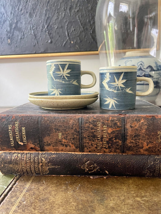 Set of Two (2) Blue Japanese MCM Stoneware Teacup and Saucers