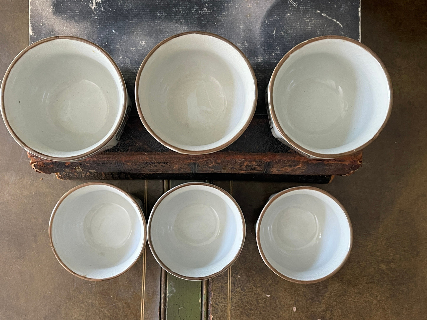 Set of Six (6) Brown and White Vintage Stoneware Japanese Tea Cups