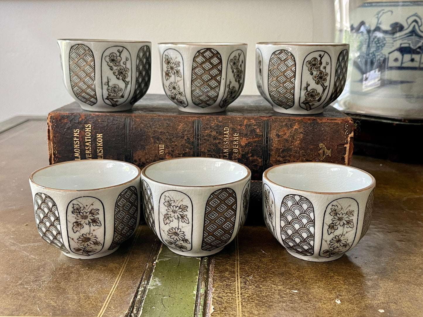 Set of Six (6) Brown and White Vintage Stoneware Japanese Tea Cups